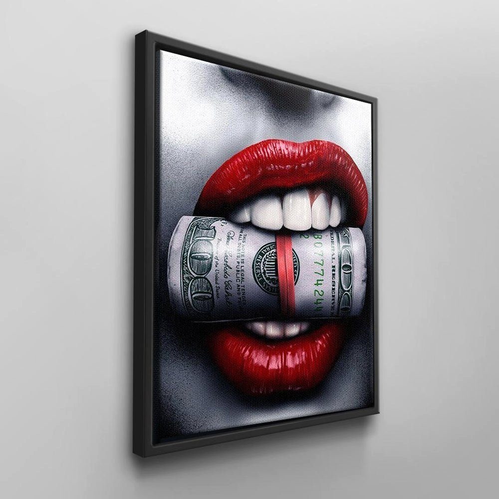Sexy Frau Popart Geldbündel DOTCOMCANVAS® mit Leinwandbild, Wandbild schwarzer von Rahmen