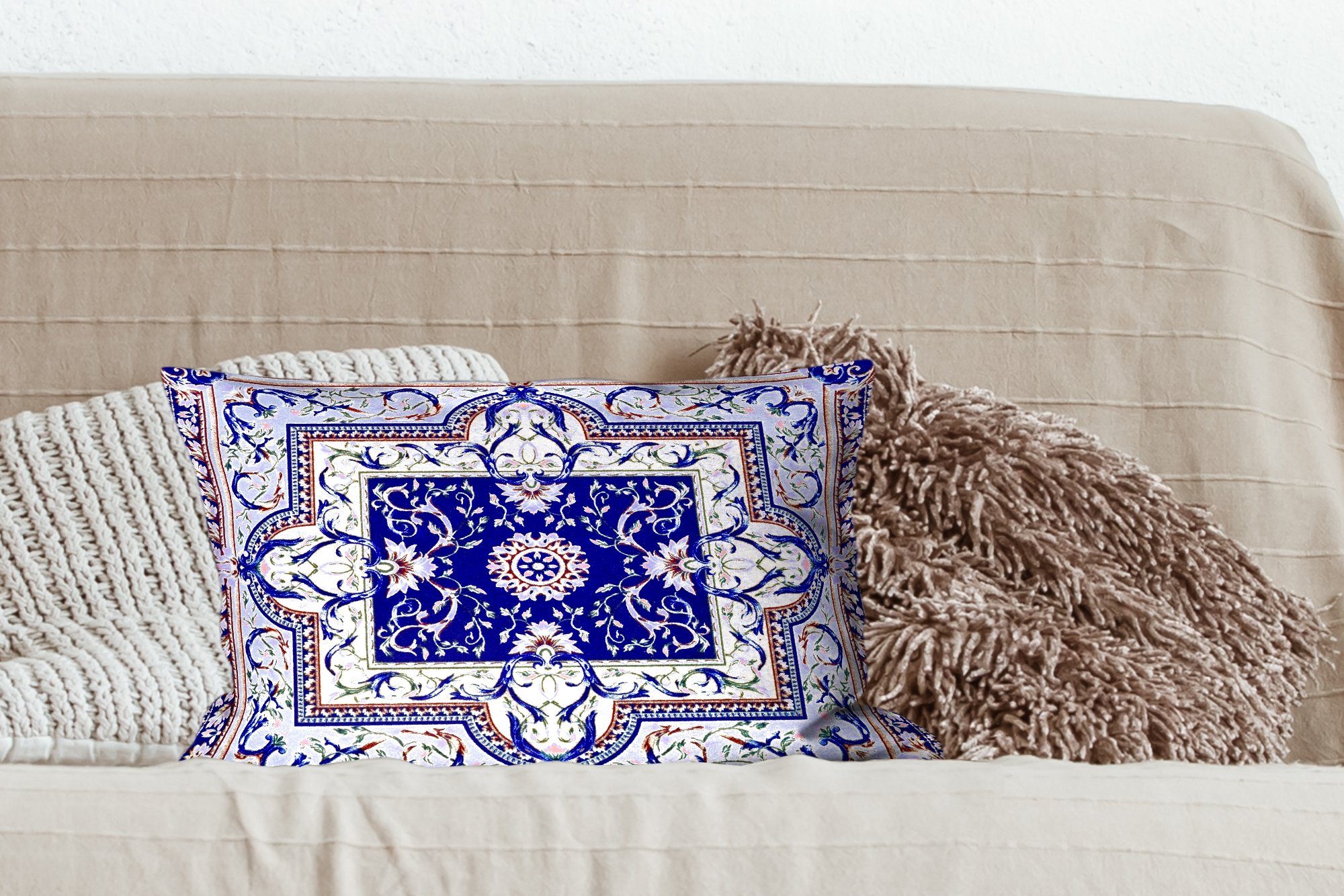 MuchoWow Dekokissen Dekoration, Schlafzimmer Muster Teppich Zierkissen, Blau, mit Perserteppich Füllung, - - Wohzimmer Dekokissen 