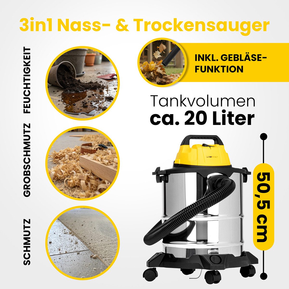 CLATRONIC Nass-Trocken-Sauger BS 1313, Nass Trockensauger, Gebläsefunktion, 1200W