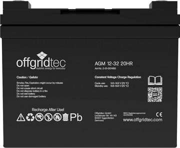 offgridtec AGM-Batterie 12V/32Ah 20HR Akku (12 V), Solar Batterie Akku Extrem zyklenfest