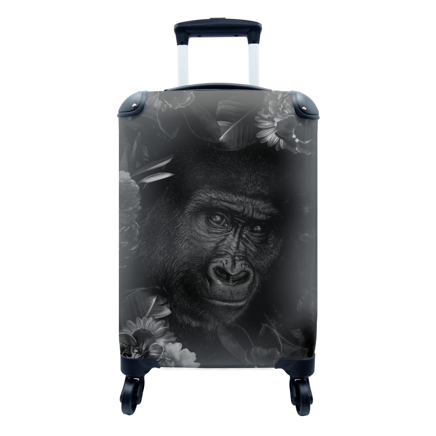 MuchoWow Handgepäckkoffer Botanischer Affe auf schwarzem Hintergrund - schwarz und weiß, 4 Rollen, Reisetasche mit rollen, Handgepäck für Ferien, Trolley, Reisekoffer