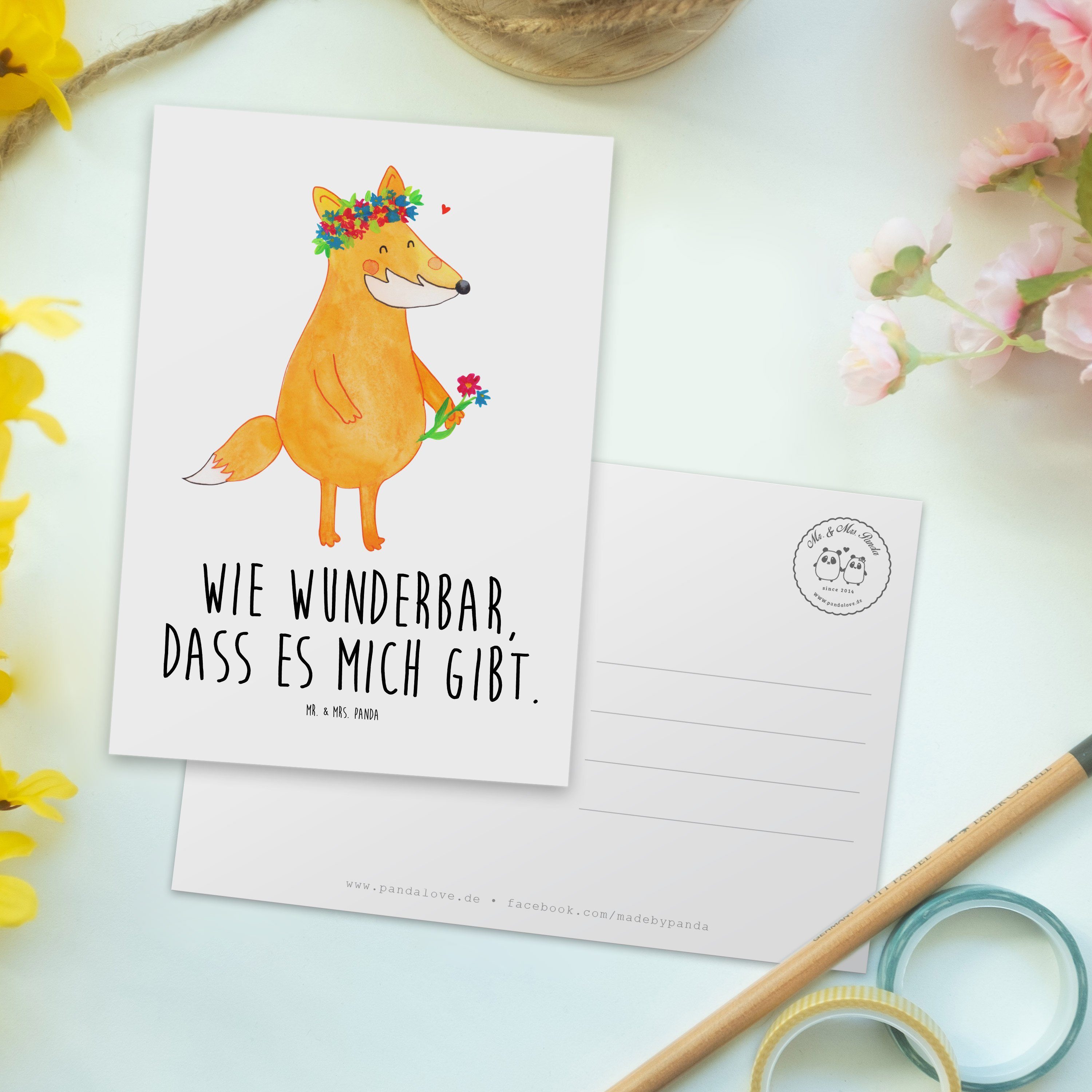 & Weiß Blumenliebe Panda - Fuchs Freude, Mr. Mrs. Postkarte Motivation, - Geschenkkart Geschenk,