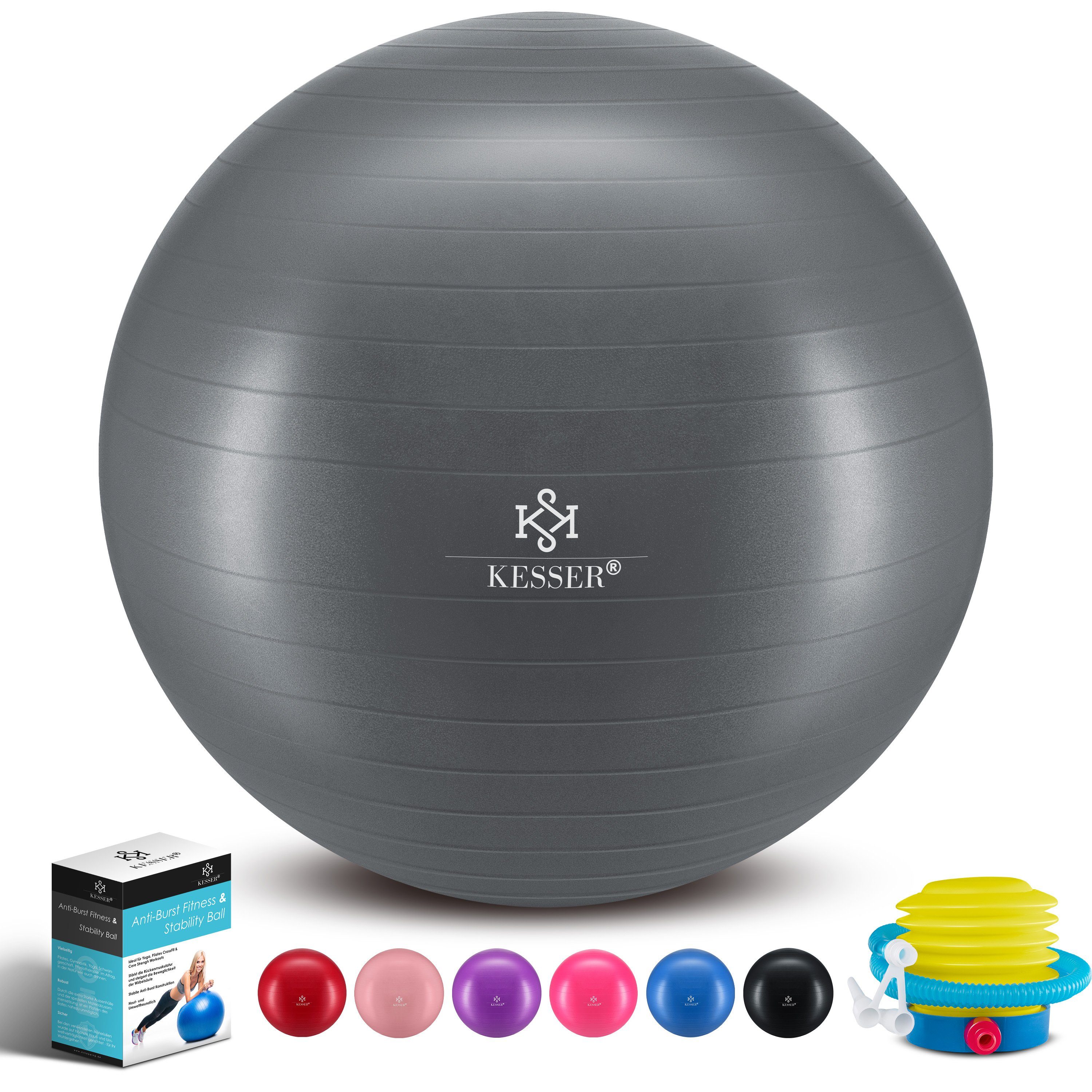 Yogaball Gymnastikball, Luftpumpe KESSER Gymnastikball BPA-Frei mit Dicker Pumpe grau