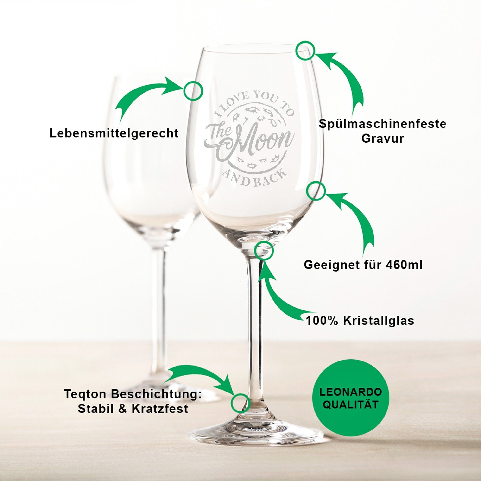 GRAVURZEILE Rotweinglas mit Gravur - "I love you to the moon and back" - Weinglas -, Glas, Geschenk für Familie & Freunde