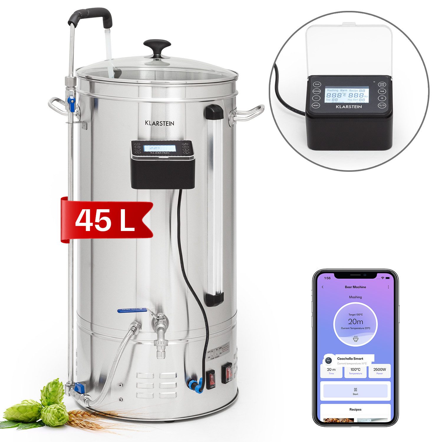 Klarstein Bierzapfanlage Brauheld Smart, Bierzapfanlage Zapfanlage 45 L 2500W Edelstahl LCD Display