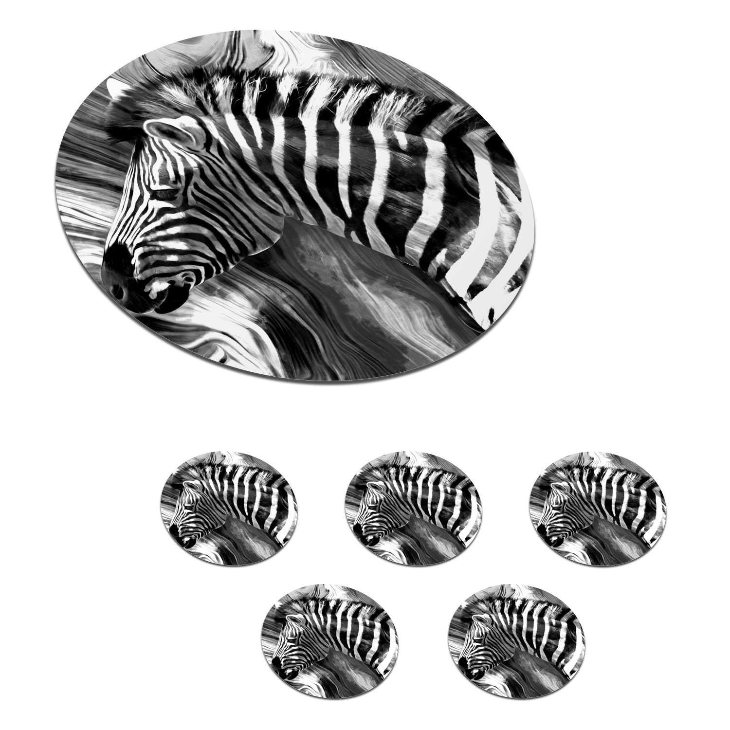 MuchoWow Glasuntersetzer Gemälde - Ölfarbe - Zebra - Tiere - Schwarz - Weiß, Zubehör für Gläser, 6-tlg., Getränkeuntersetzer, Tassenuntersetzer, Korkuntersetzer, Tasse, Becher
