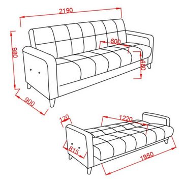 Gozos Sofa Gozos Bilbao Series 3 Sitzer Sofa, Bettfunktion Couch Polybaumwolle, 219 x 90 x 98 cm, Sitzfläche inklusive zwei Kissen und Stauraum