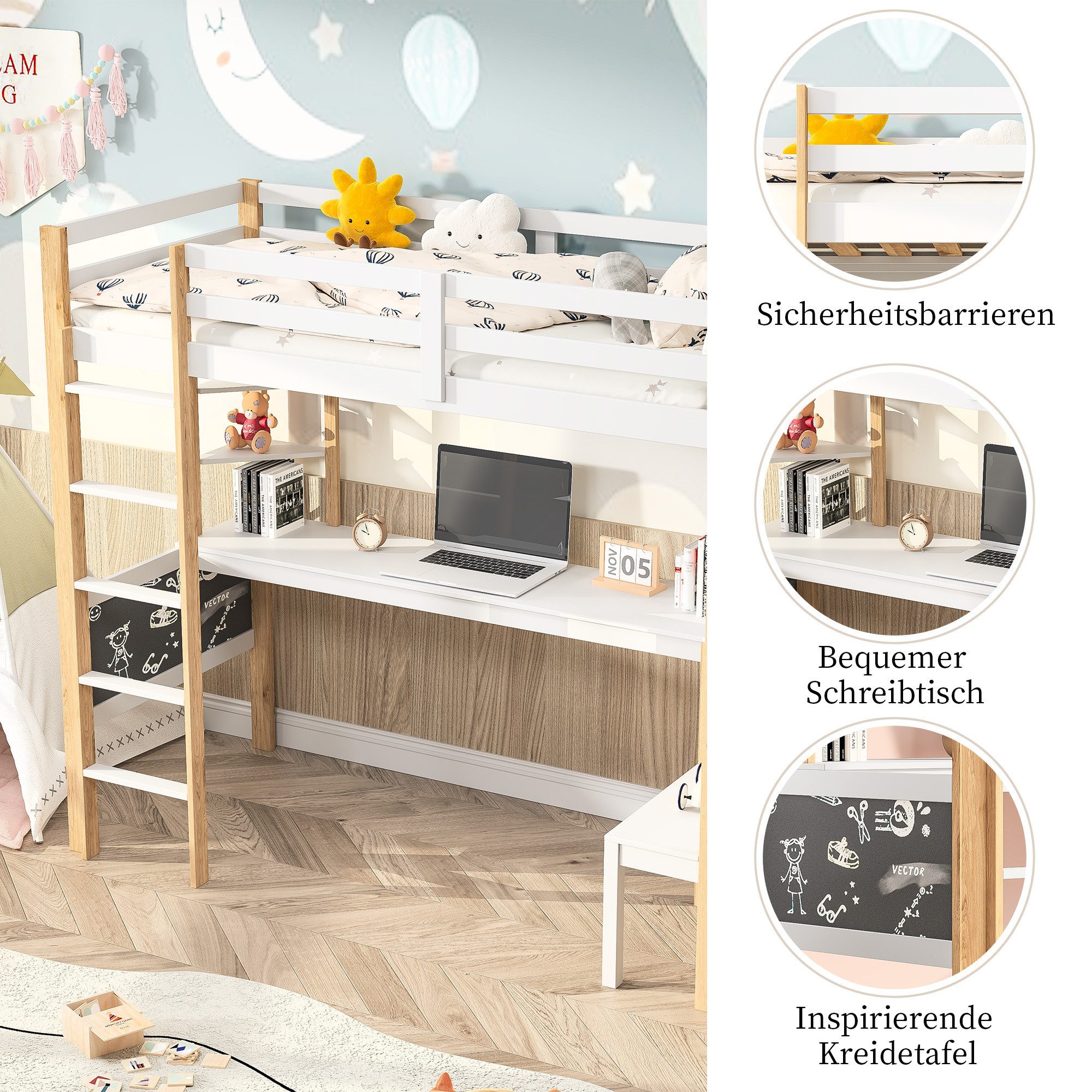 Simurq Hochbett Jugendbett 90x200 mit Schreibtisch, Etagenbett, kinderbett Stabiles Massivholz Hochbett, Mit Lattenrost