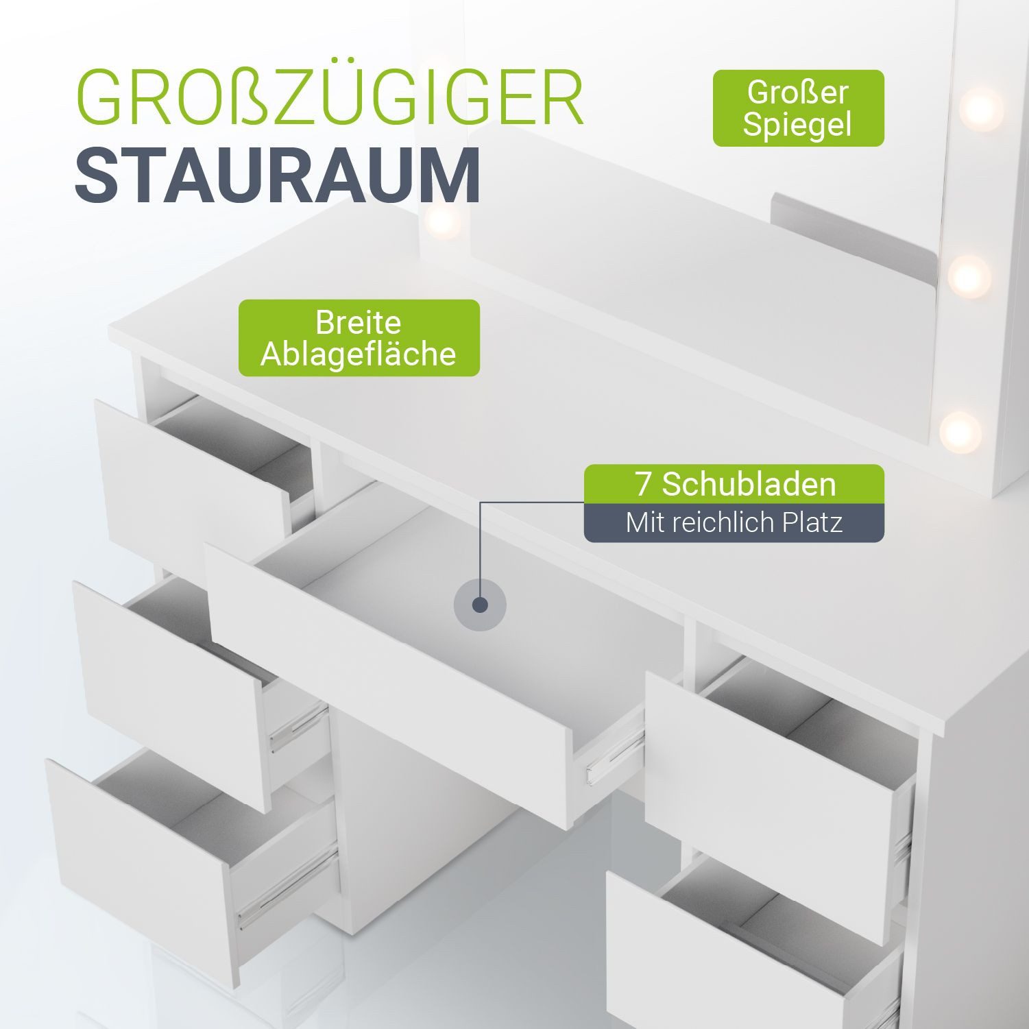 Juskys Schminktisch Talea (3-St), LED-Beleuchtung, 3 Helligkeitsstufen, modern, 7 Schubladen, Stauraum