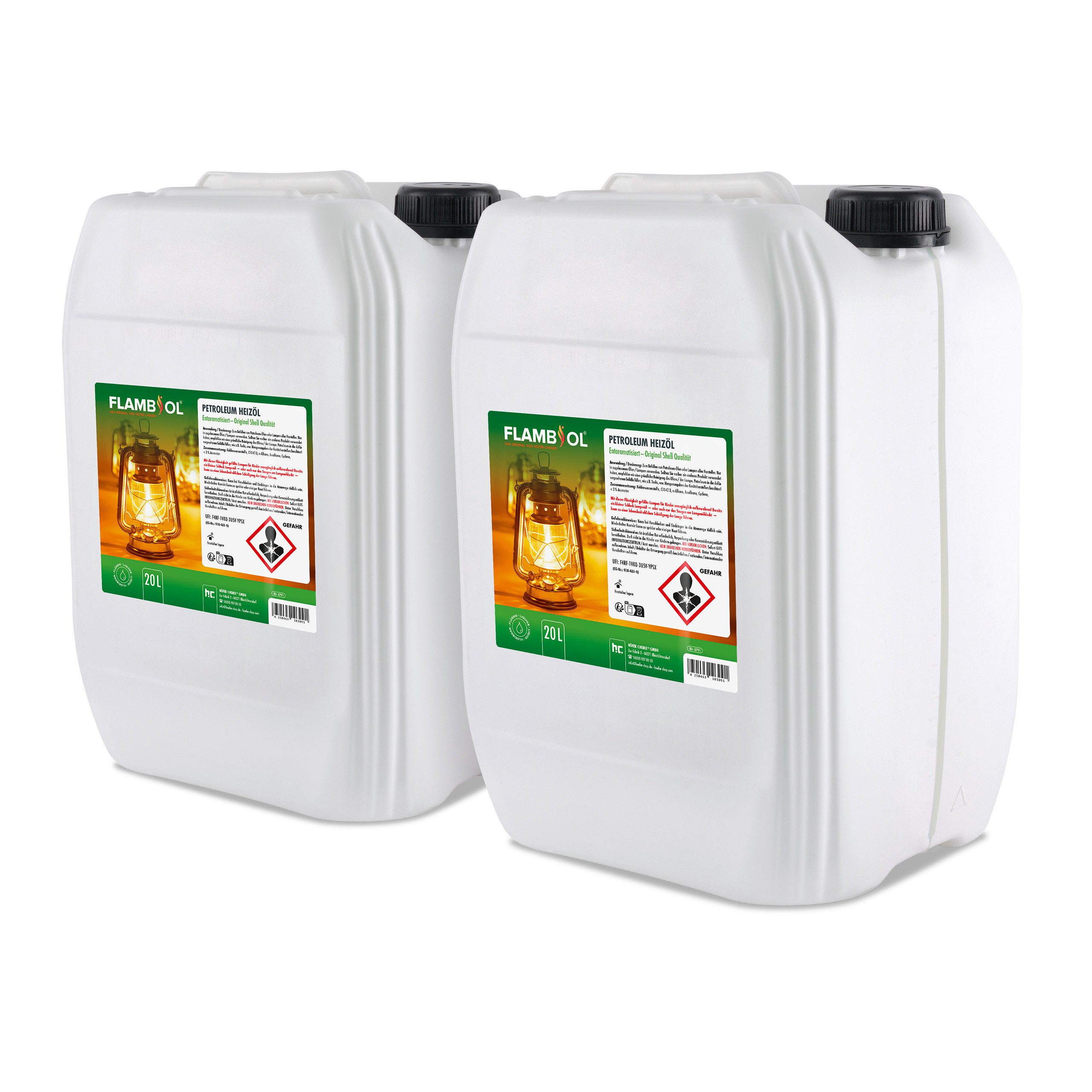 Höfer Chemie GmbH Petroleum 2x 20 L FLAMBIOL® Petroleum Heizöl, 40 l, (2-St), Sauberes Heizöl für Öfen und Lampen