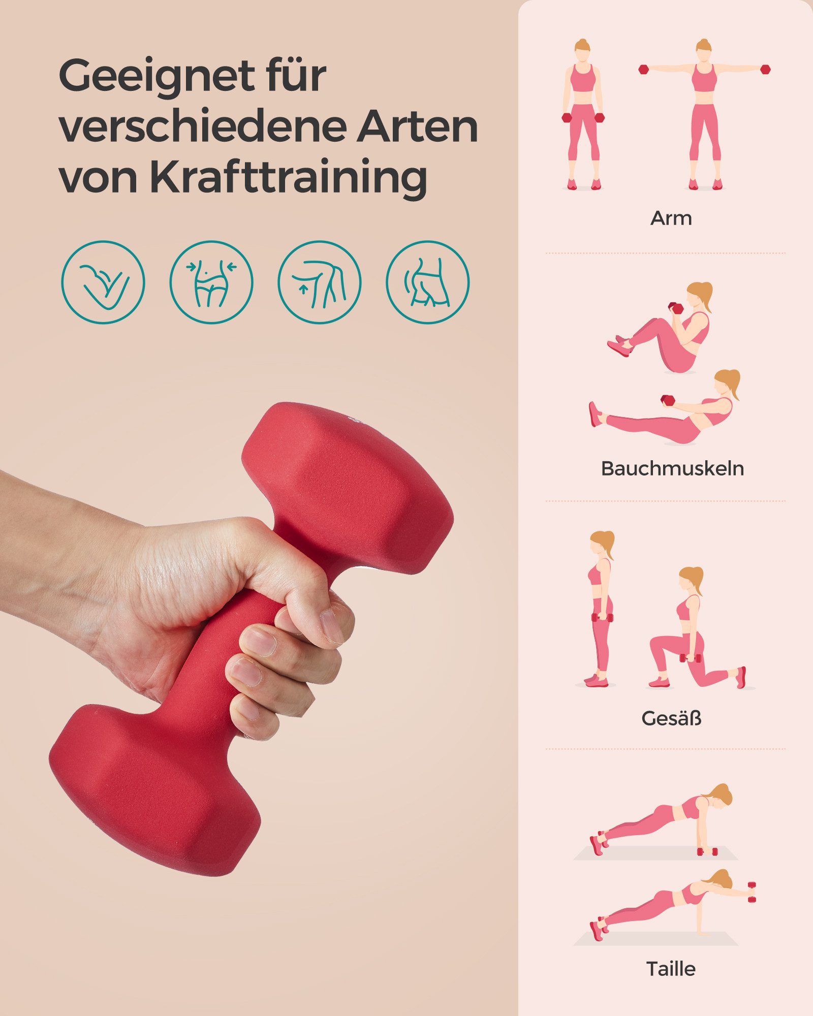 SONGMICS Kurzhantel Hanteln, 5 Gewichtsklasse, (2er Set Neopren-Beschichtung, Hantelset, Kurzhanteln, Hexagon), 2 x 4 kg, Krafttraining, Workout, Fitnesstraining, für Zuhause