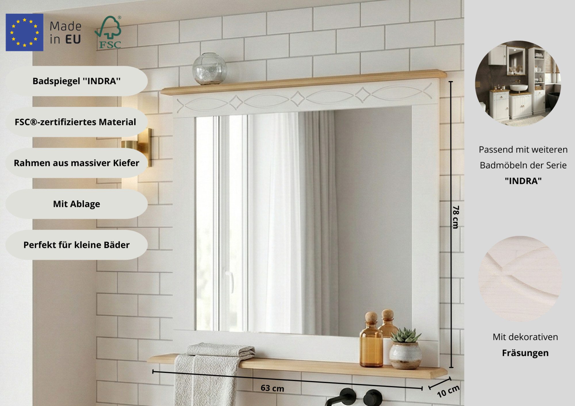 OTTO home Spiegel Indra (B/T/H: 63/10/78 cm), Rahmen aus massiver Kiefer, FSC®-zertifiziert