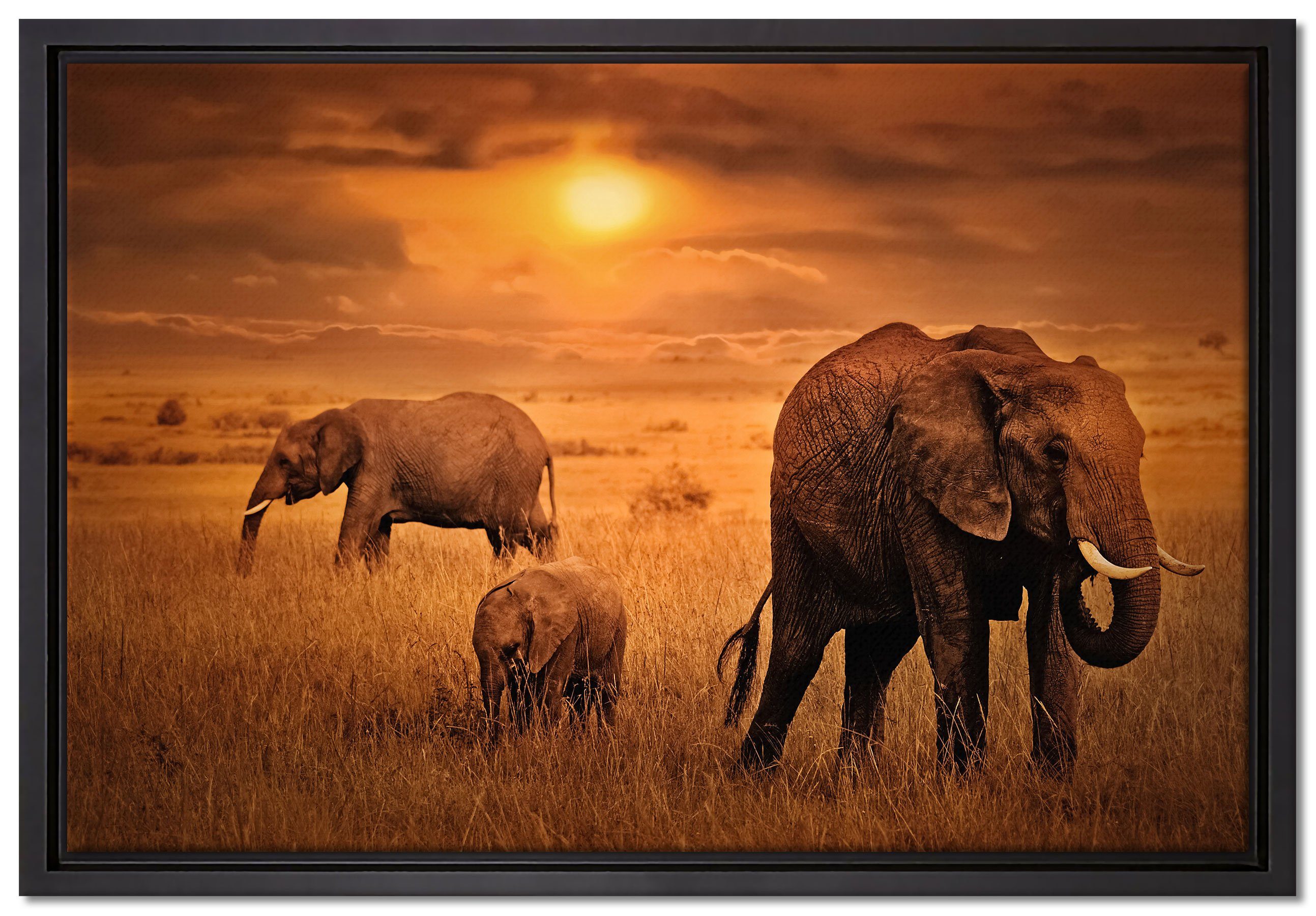Pixxprint Leinwandbild Elefanten in der Savanne, Wanddekoration (1 St), Leinwandbild fertig bespannt, in einem Schattenfugen-Bilderrahmen gefasst, inkl. Zackenaufhänger