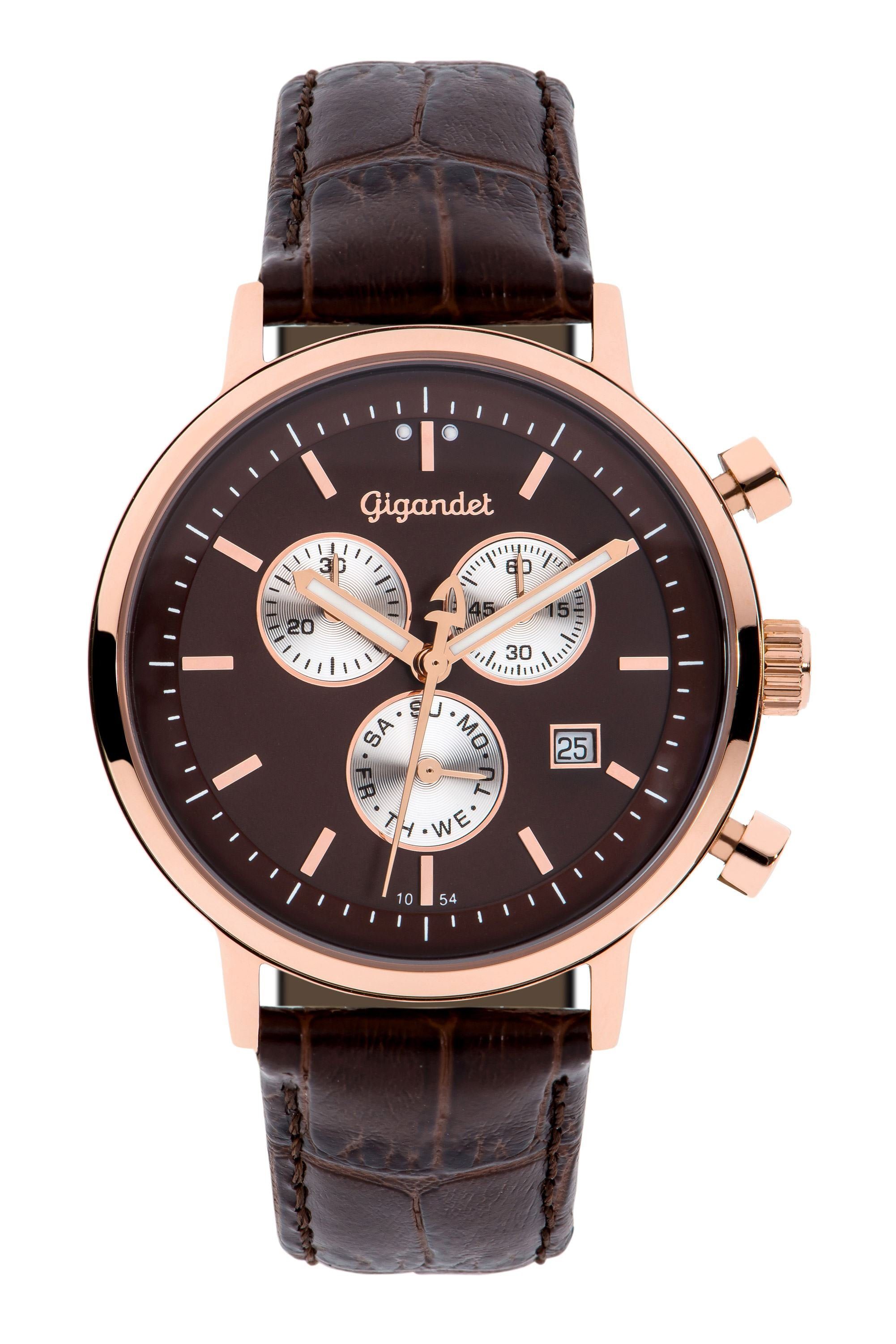 Gigandet Chronograph Armbanduhr, Herrenuhr, 24-Std. Anzeige, 41mm, CLASSICO G6-009, Mineralglas, Datumsanzeige, Lederband, 5bar/50m wasserdicht