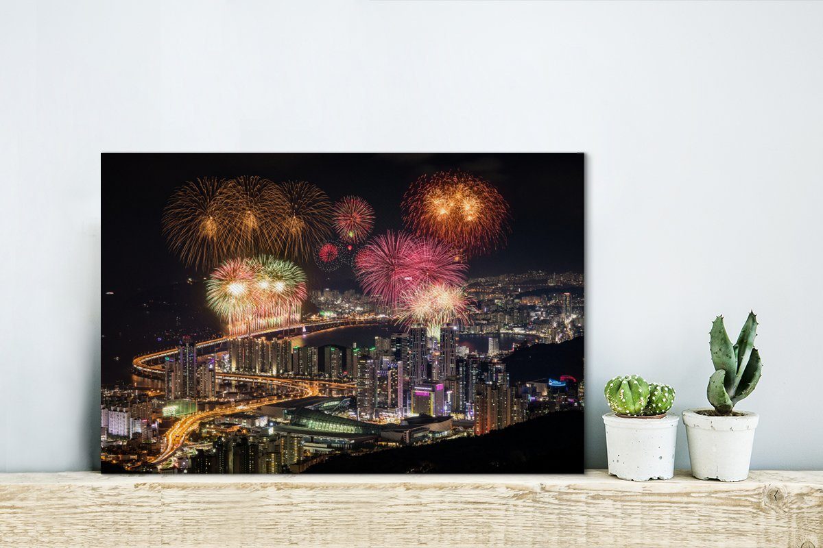 Stadt südkoreanischen Aufhängefertig, (1 Busan, cm Leinwandbild Wanddeko, Leinwandbilder, St), über 30x20 Feuerwerk der Wandbild OneMillionCanvasses®