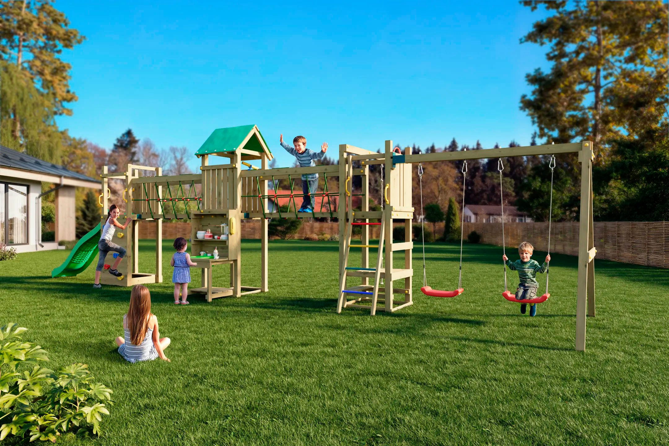 FUNGOO Spielturm Maxi Funny Space Longer, mit Rutsche, Doppelschaukel, Kletterwand, Picknicktisch; Made in Europe