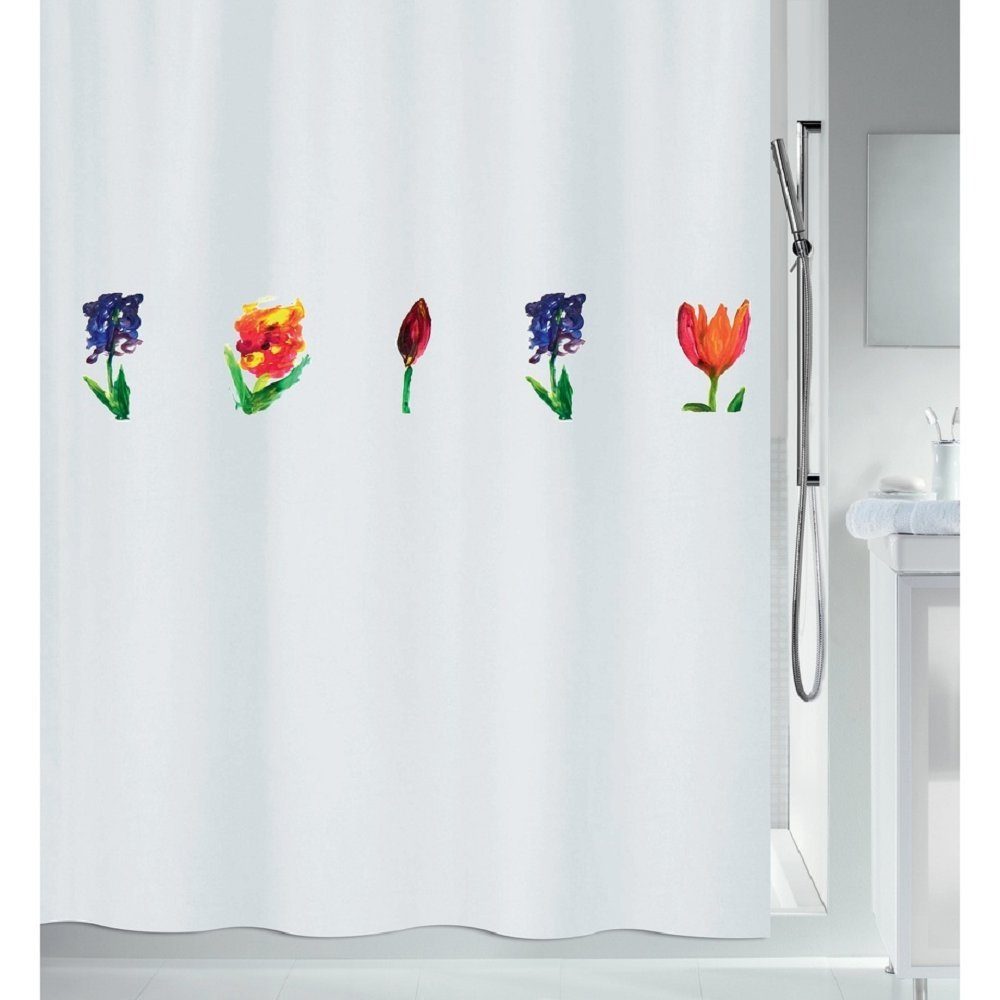 spirella Duschvorhang MANO Breite 180 cm, Premium Textil-Duschvorhang, 100% Polyester, Made in Europe, wasserabweisend, Anti-Schimmel-Effekt, waschbar 30°, Blumen Motiv, Farbe weiß/bunt, Größe 180 x 200 cm