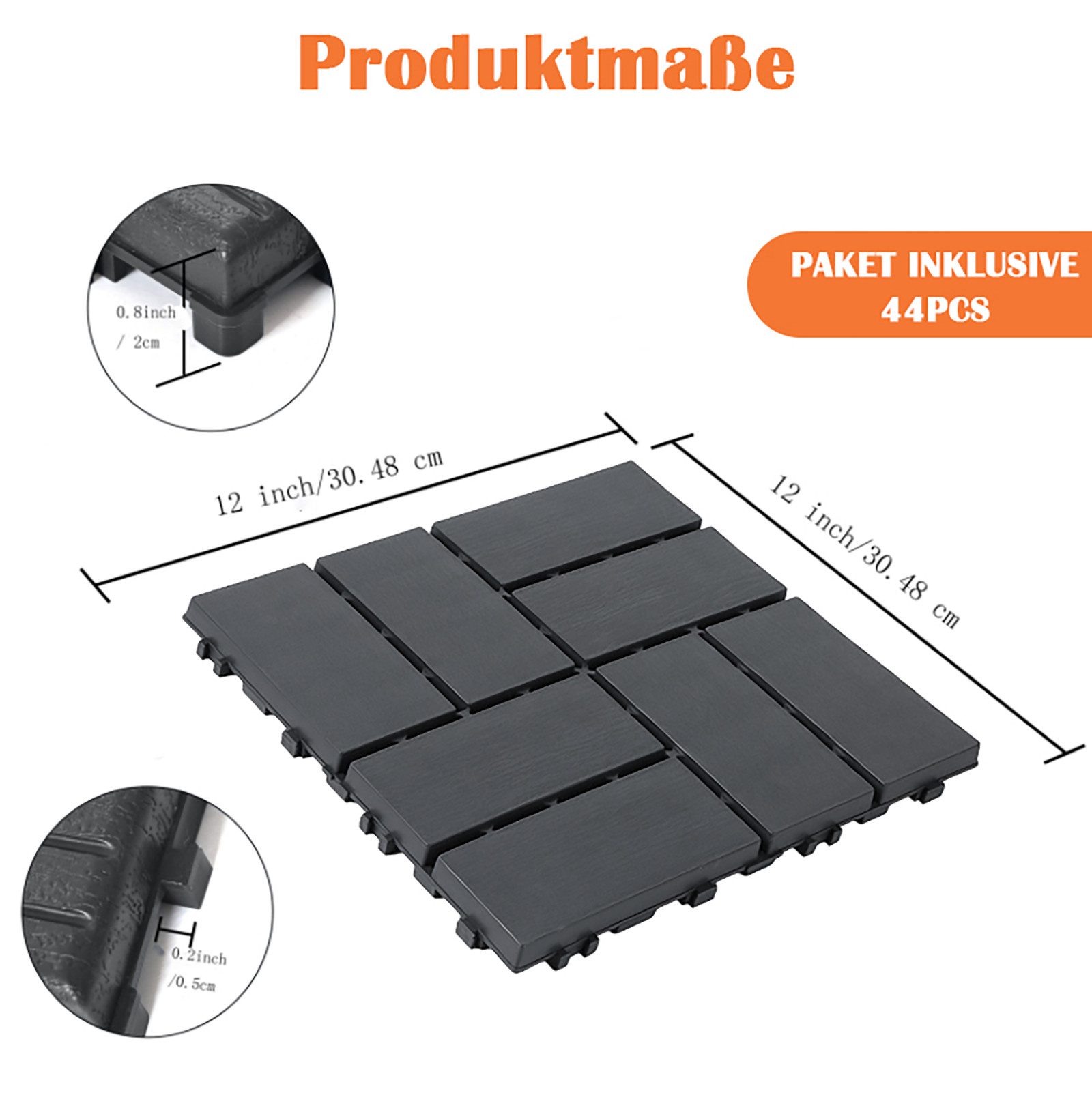 PFCTART Terrassendielen Terrassenfliesen mit Klicksystem 44 Stück, Kunststoff Bodenfliesen, 4,09 m², BxL: je 30.48x30.48 cm, 20 mm Stärke, (Set, 44-St., Für Balkon, Terrasse, Garten, Patio, Wege & Innenbereich), Wetterfest, rutschfest, einfache Klickmontage