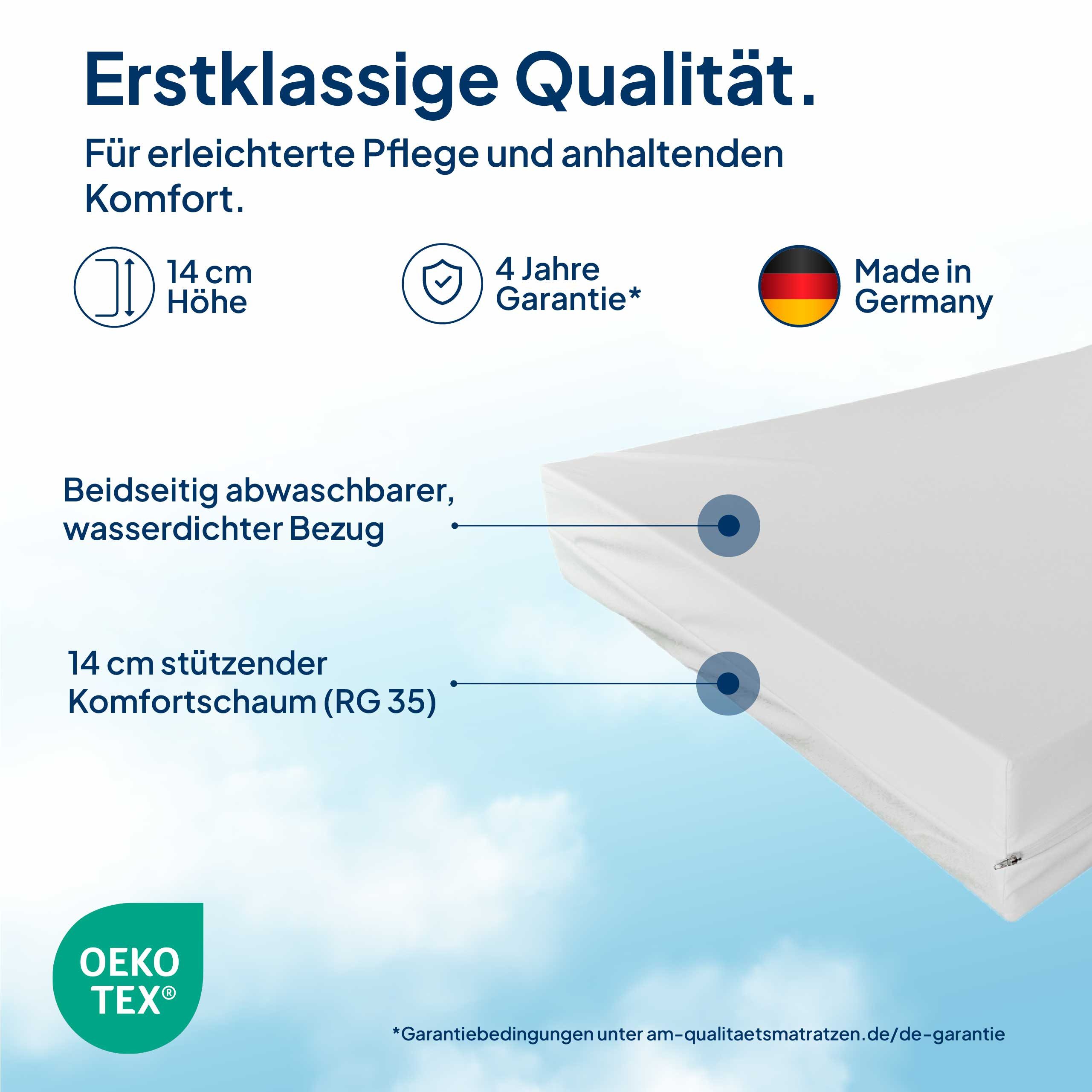 Komfortschaummatratze Standard Pflegematratze, Matratze für Pflegebett, Wasserdichter Bezug, AM Qualitätsmatratzen, 14 cm hoch, 90x200x14 cm