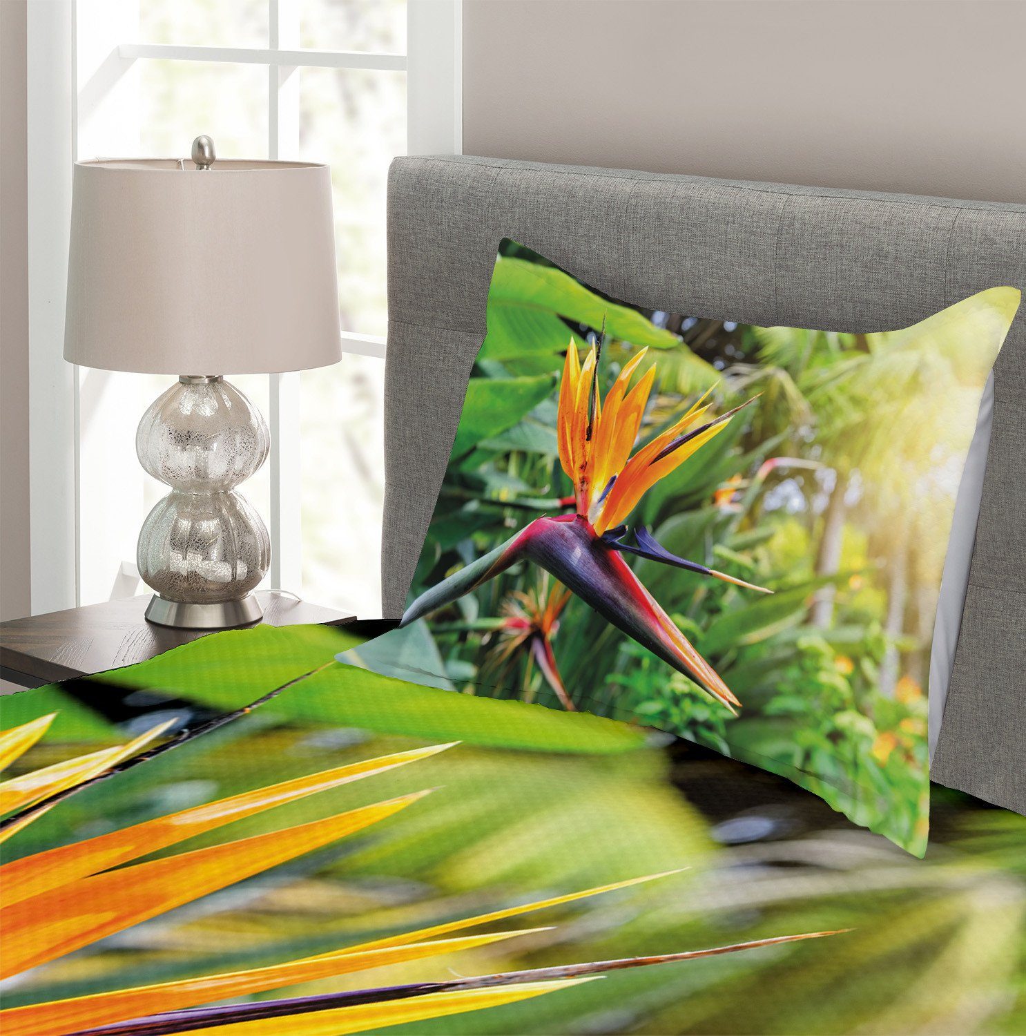 Paradiesvogel Kissenbezügen Tagesdecke Set mit Pflanze Waschbar, Abakuhaus, Blume
