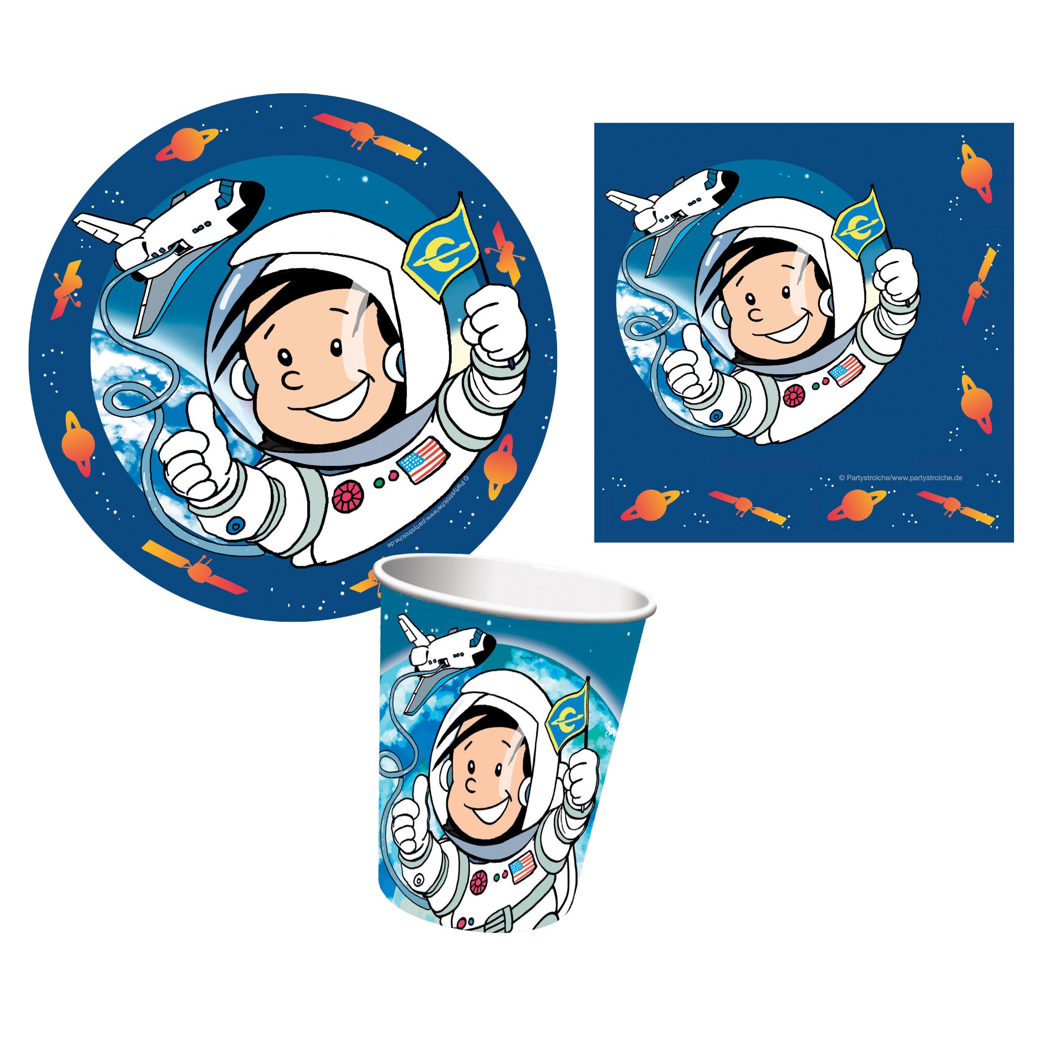 Partystrolche Kindergeschirr-Set XXL Partyset Astronaut 61 tlg, Kindergeburtstag Weltraum Deko (36-tlg), 8 Personen, XXL Partyset mit Tischdeko und Mitgebseln