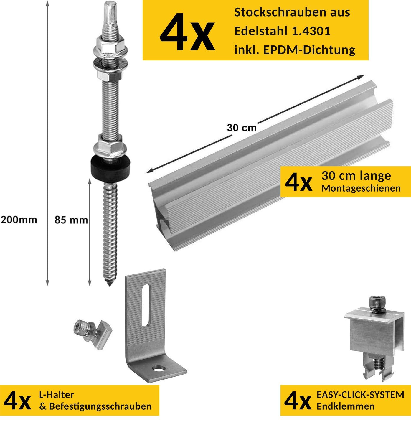 avoltik Solarmodul-Halterung Set Blechdach Befestigung Stockschraube Schiene für 1-4 Solarmodule, (Set)