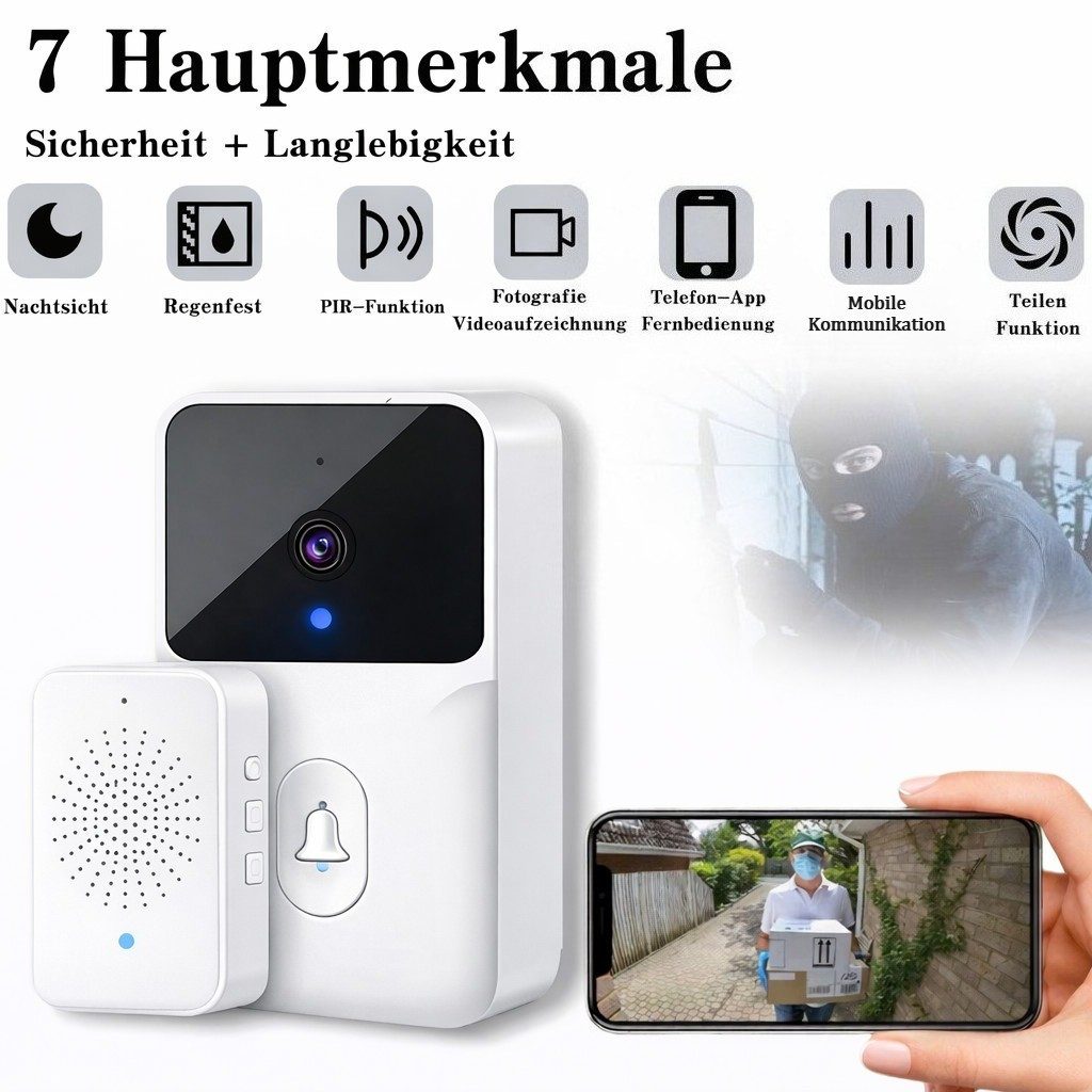 wohnTRAUM24 Video-Türsprechanlage Videotürklingel Video Doorbell Wireless Außenkamera WLAN (Einzelartikel (bestehend aus Hauptgerät + Innenempfänger), kabellos Türklingel mit Weitwinkel Kamera Videosprechanlagen)