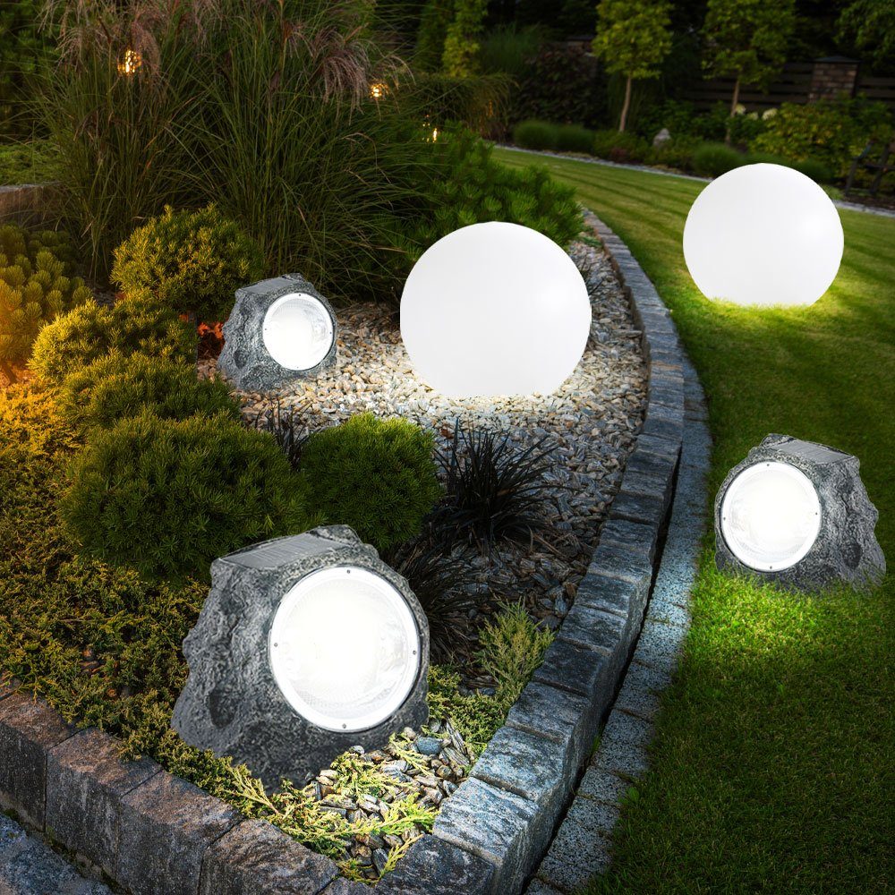 etc-shop LED Solarleuchte, LED-Leuchtmittel fest verbaut, Warmweiß, 5er Set LED Solar Garten Selbstaufladend Aussenleuchte Kugel Stein