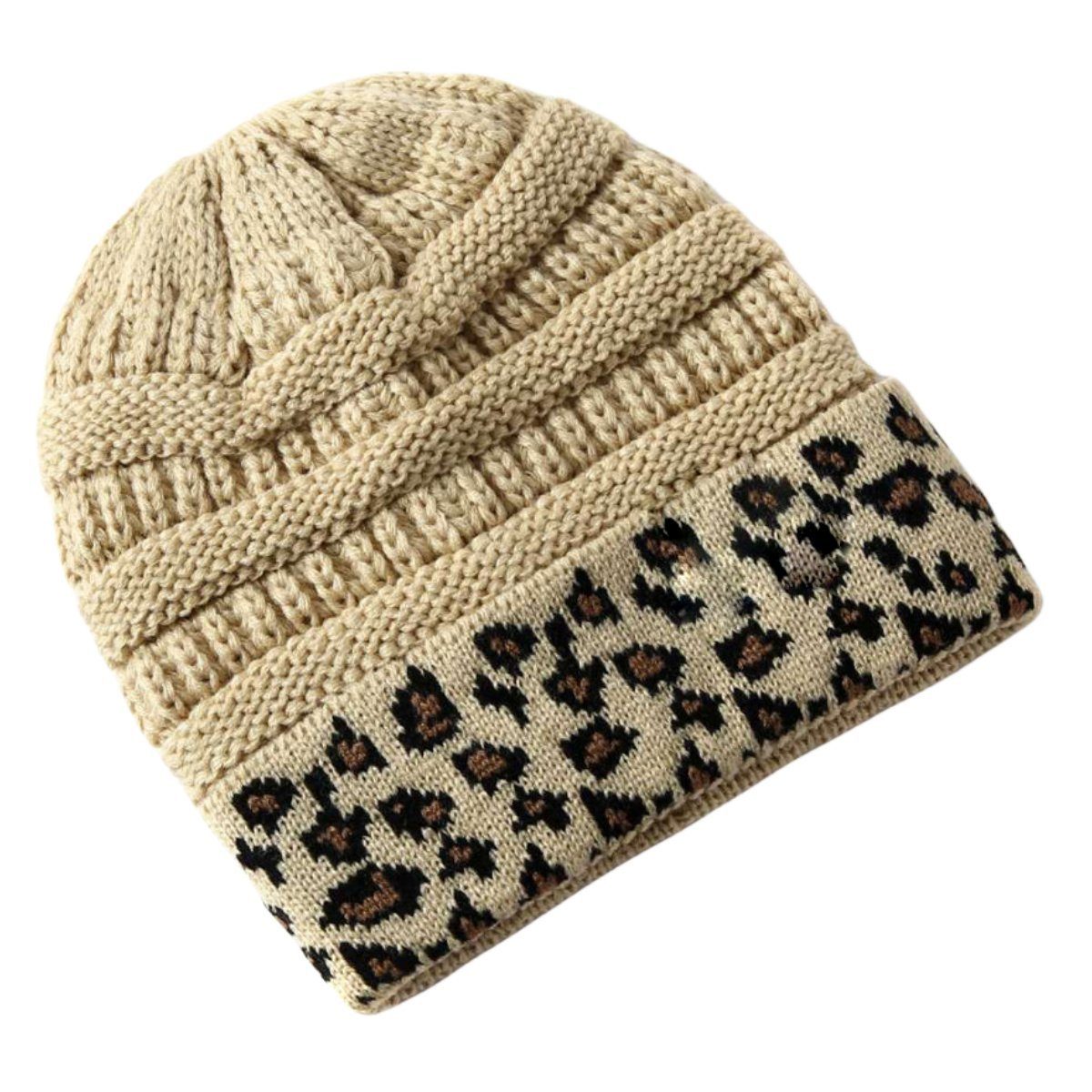 carefully selected Leopardenmuster aus Khaki warmer Wolle mit Damen-Strickmütze Jerseymütze