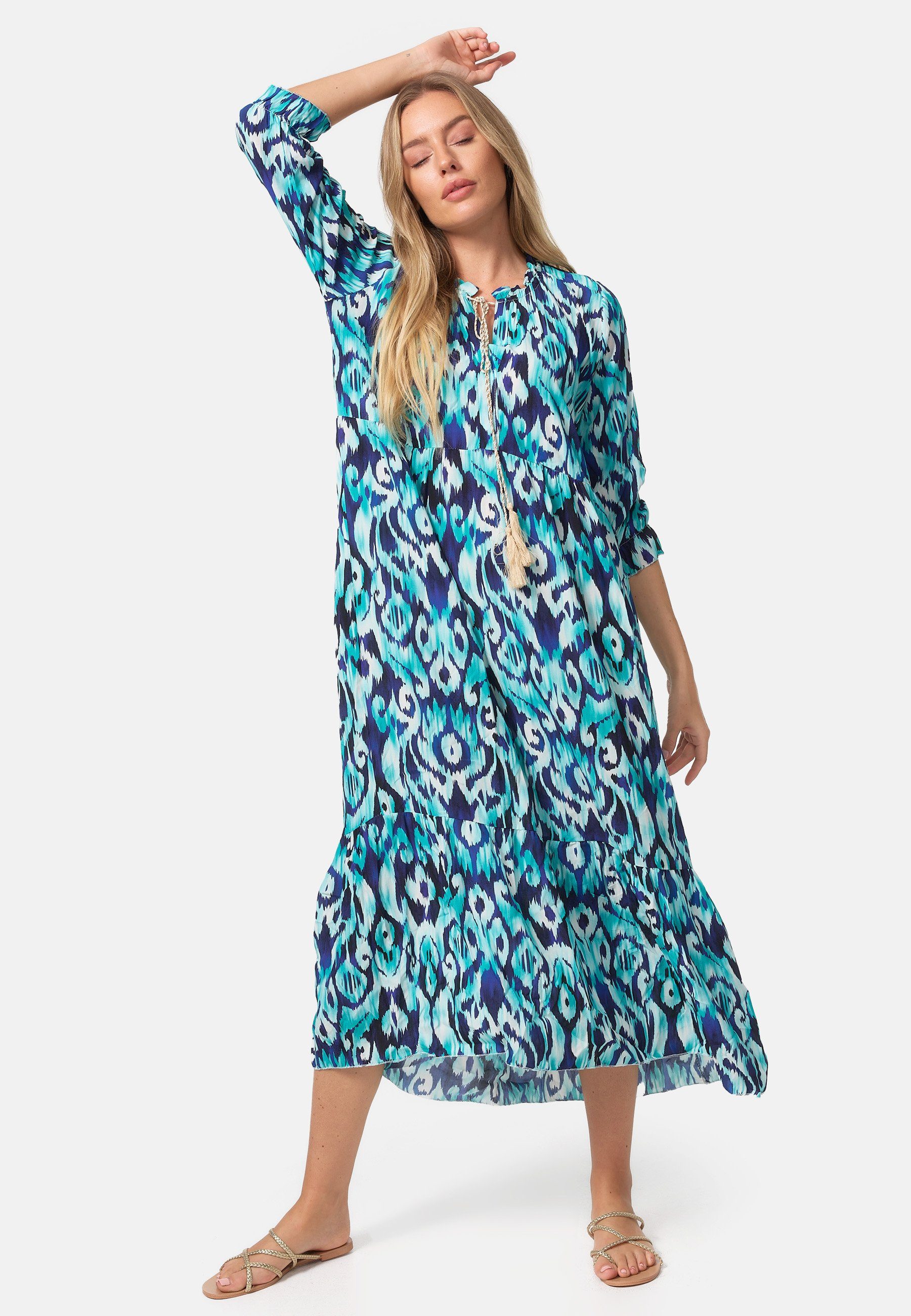 PM SELECTED Sommerkleid PM37 (Sommerliches Maxi Tunika Kleid mit Print in  Einheitsgröße) Gerüschter Kragen, dekorative Kordel, Hohe Taille