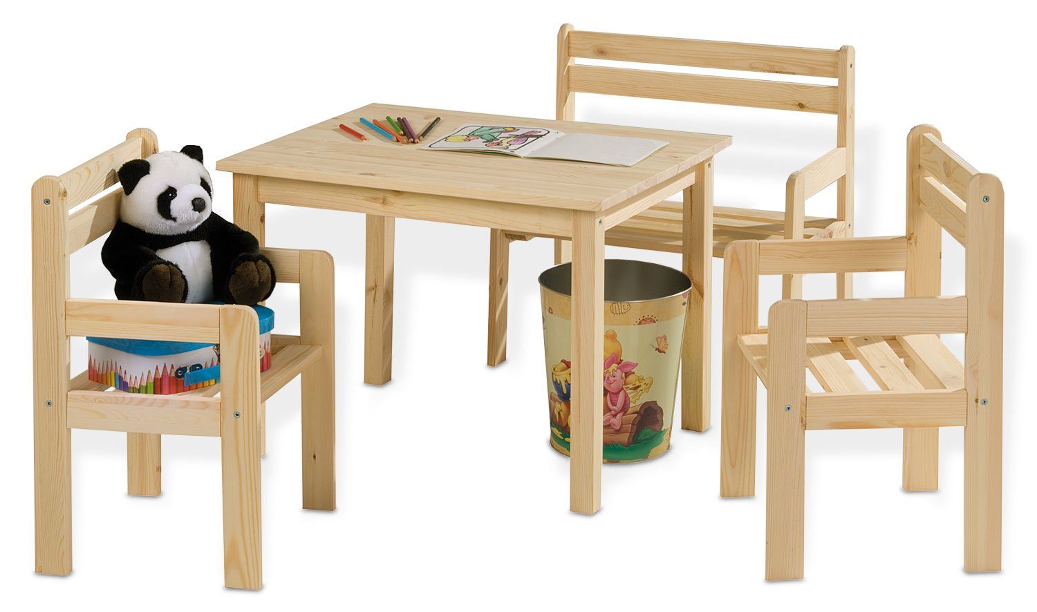 Home4You Kindersitzgruppe 4-teilig, Kiefer, Armlehnen Armlehnen, Bank Stühle 1 1 2 mit Tisch, mit Braun