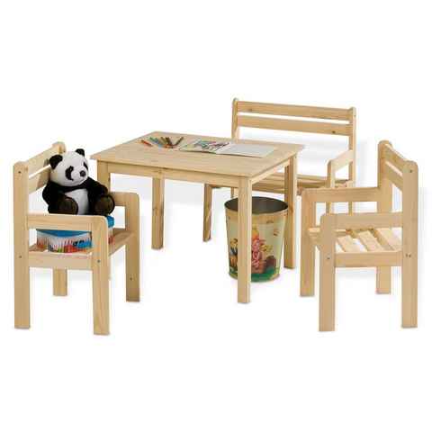 Home4You Kindersitzgruppe 4-teilig, Kiefer, Braun, 1 Tisch, 1 Bank mit Armlehnen, 2 Stühle mit Armlehnen