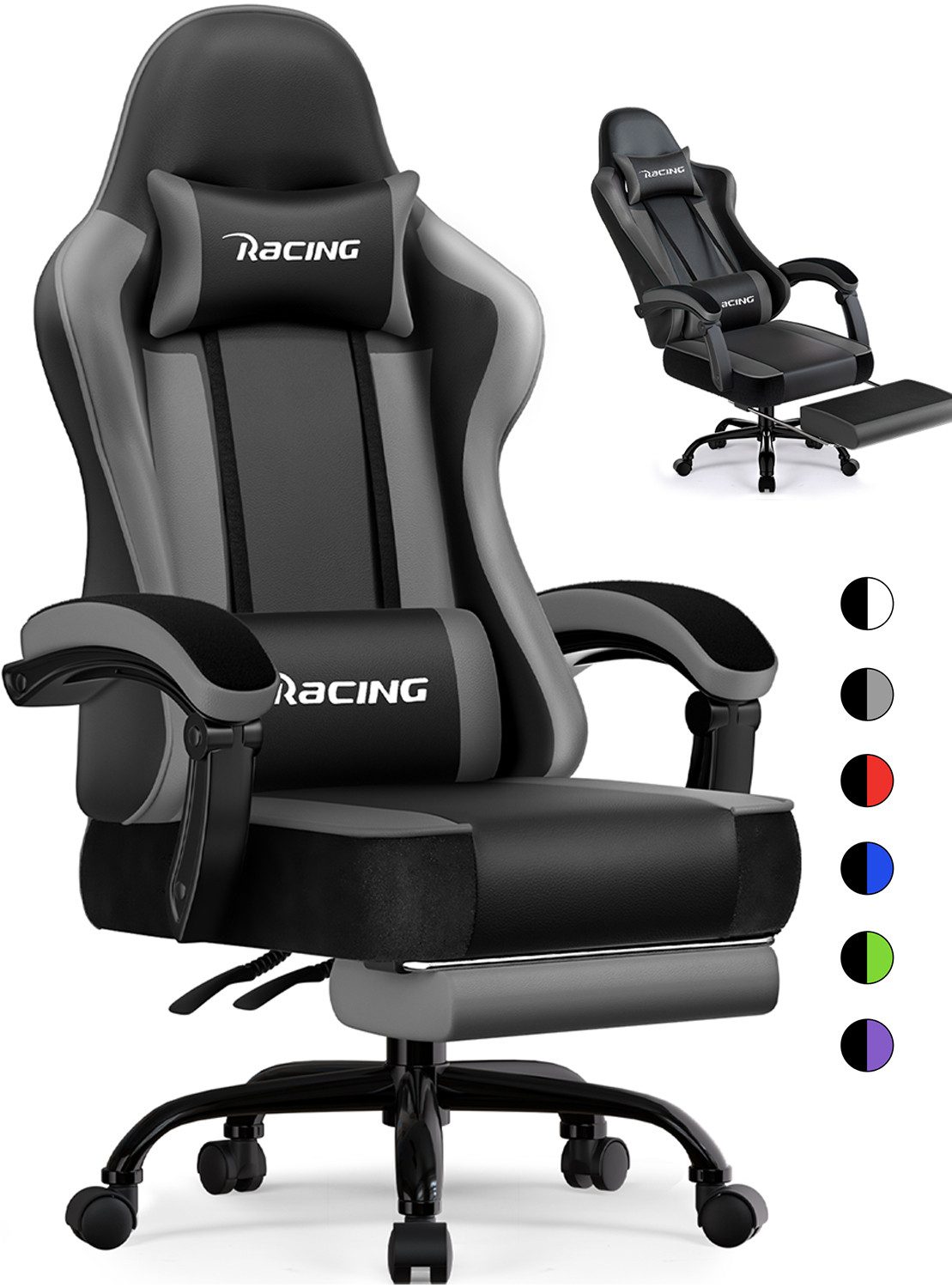 Homimaster Gaming-Stuhl Gaming Stuhl Ergonomischer Gaming Chair mit 170° Rückenlehne (Gaming Chair mit Fußstütze,Verstellbarem Lenden- & Kopfkissen), 10 cm höhenverstellbar, bis 150 kg Belastbarkeit