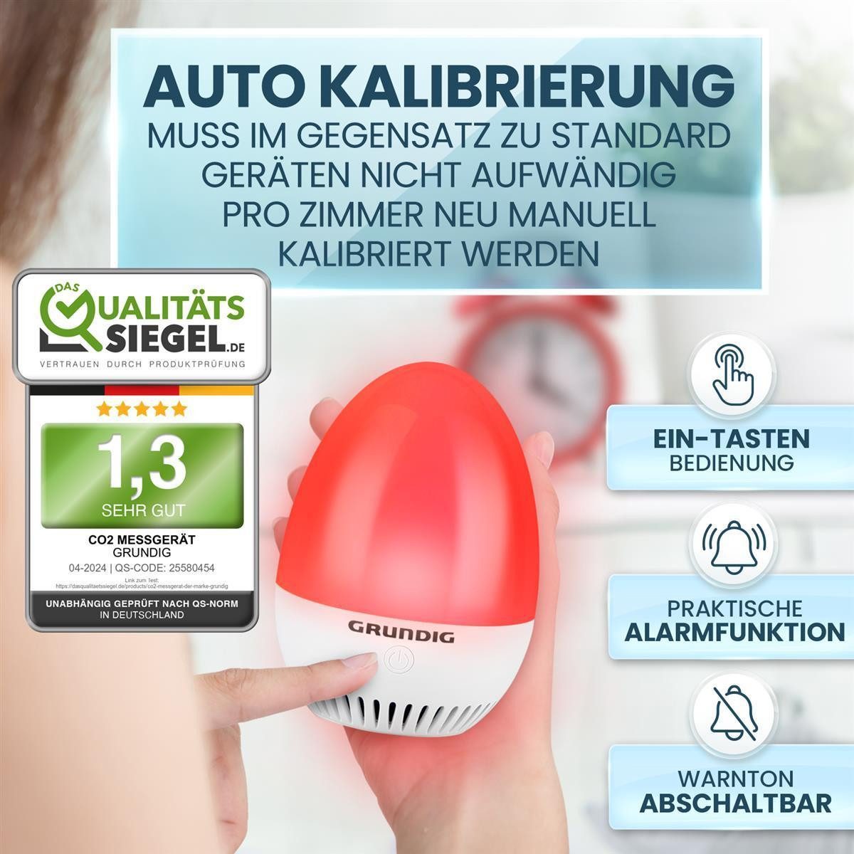 Grundig Raumluft-Qualitätssensor Luftqualitätsmesser CO2 Sensor, Akku Betrieb, einfache Bedienung, 7x7x10 cm