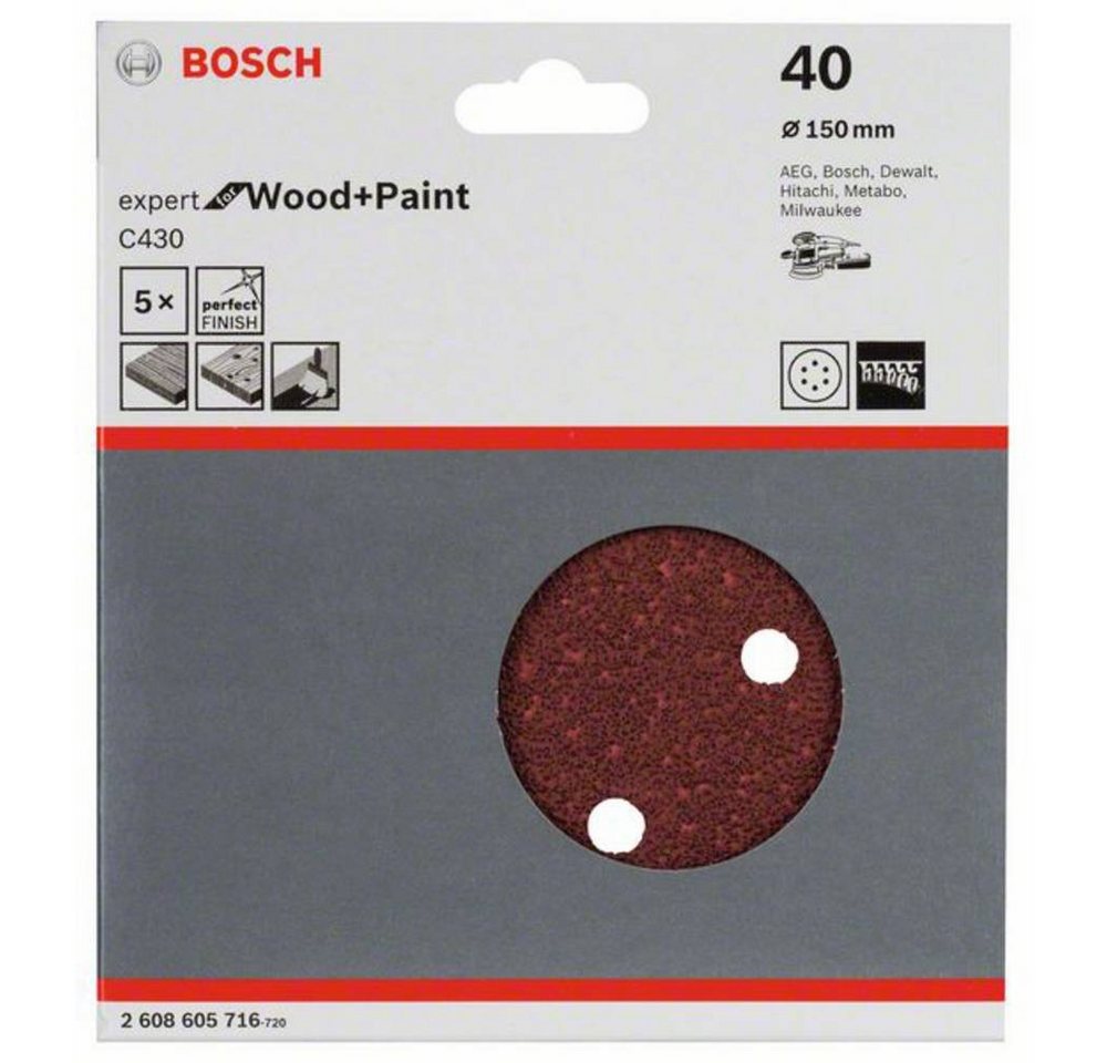 Thumbnail - BOSCH Schleifpapier Schleifblatt C430, 150 mm, 40, 6 Löcher, Klett, mit Klett, gelocht