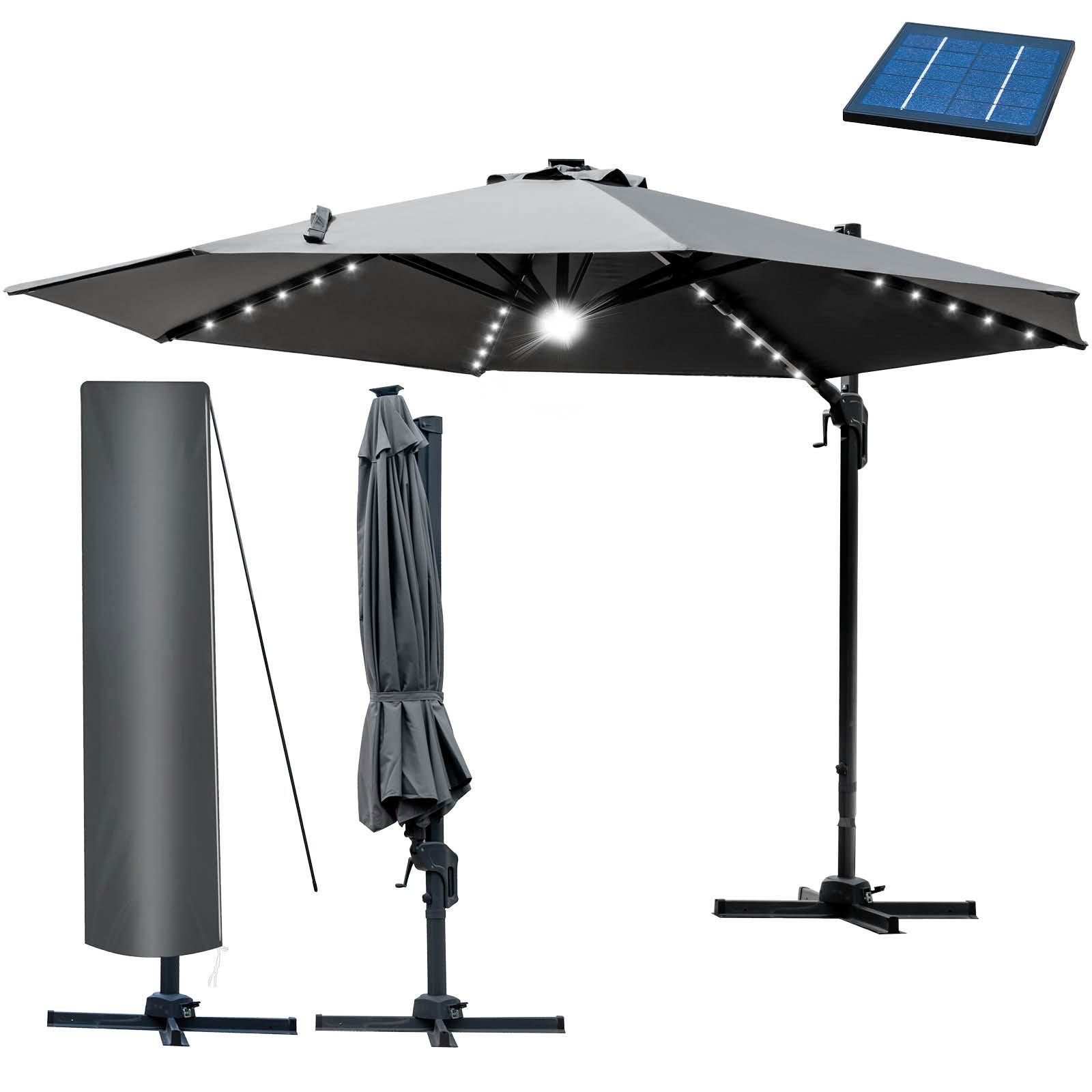 BRAST Sonnenschirm Alu Ampelschirm Ø300cm inkl. Schützhülle, wahlweise mit LEDs,drehbar schwenkbar & höhenverstellbar