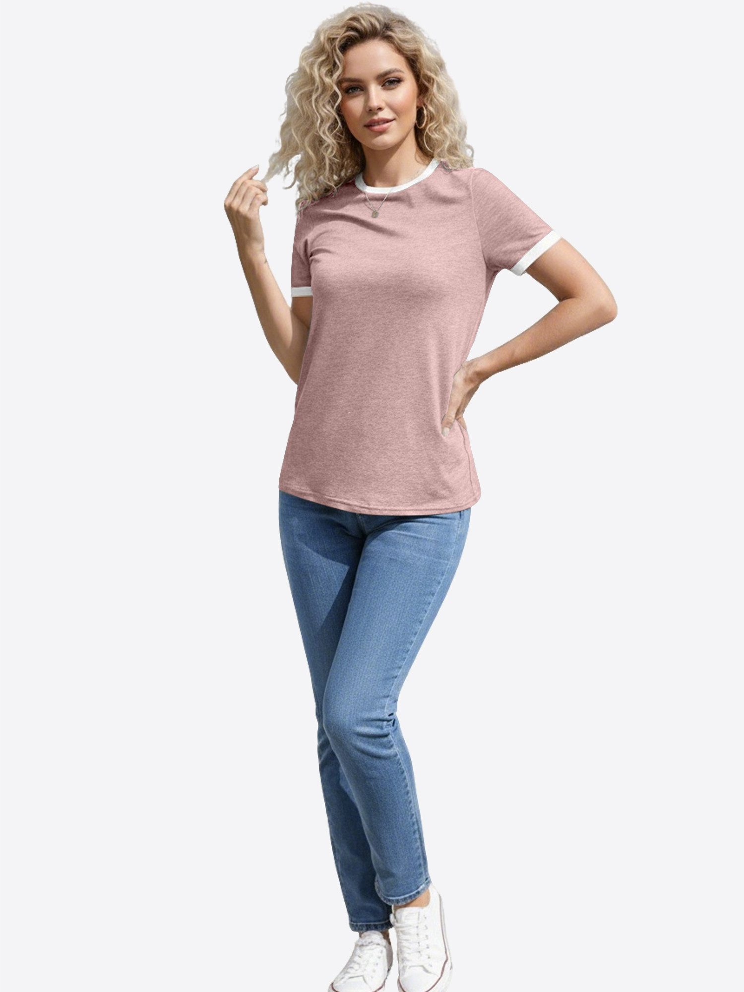 Imily Bela T-Shirt Damen Rundhalsbluse in Zweifarbig (Packung, 1-tlg., 1per-Pack) Helle Farben