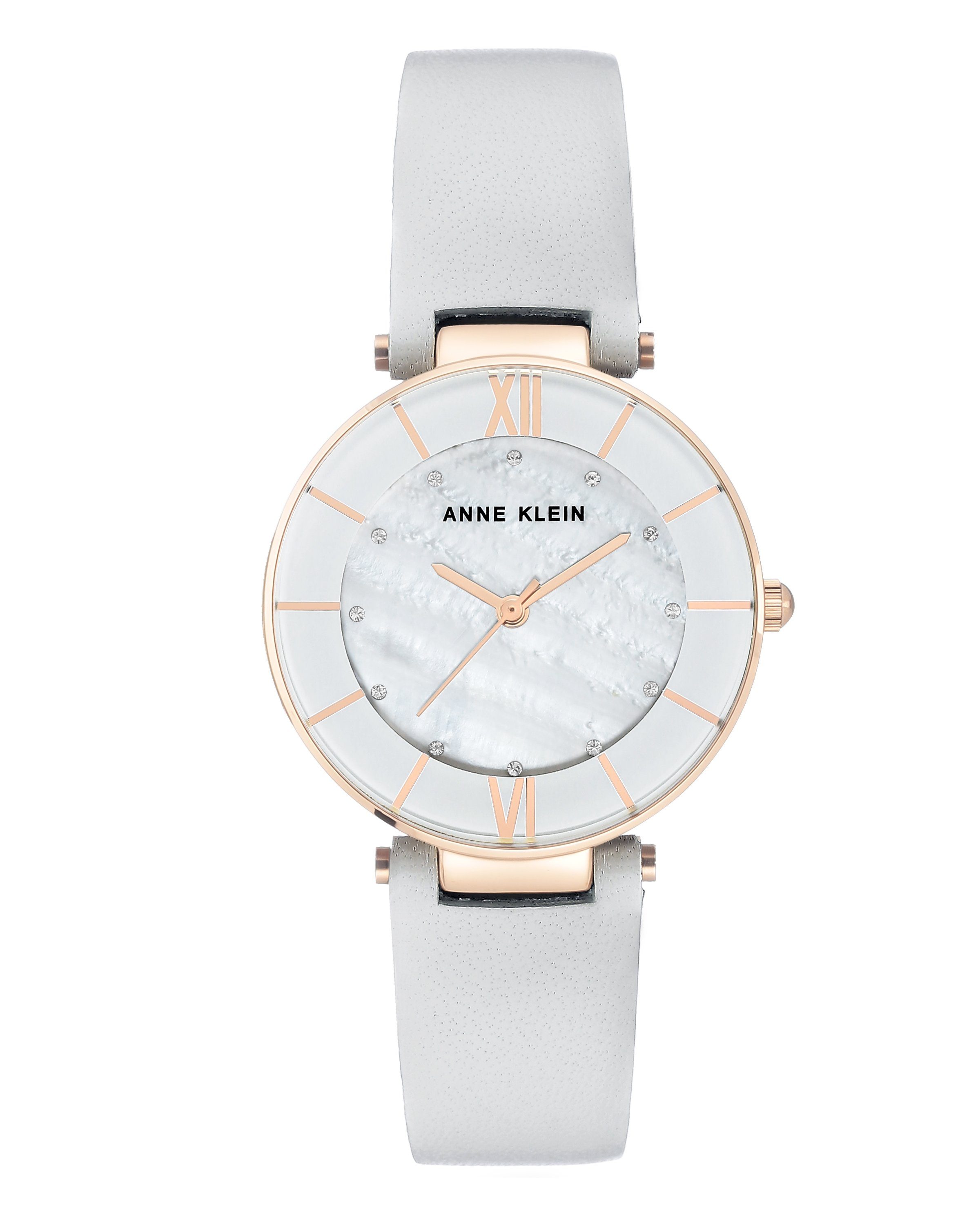 ANNE KLEIN Quarzuhr AK/3272RGLG grau perlmutt mit römischen Zahlen und Lederarmband, Leather Dreams