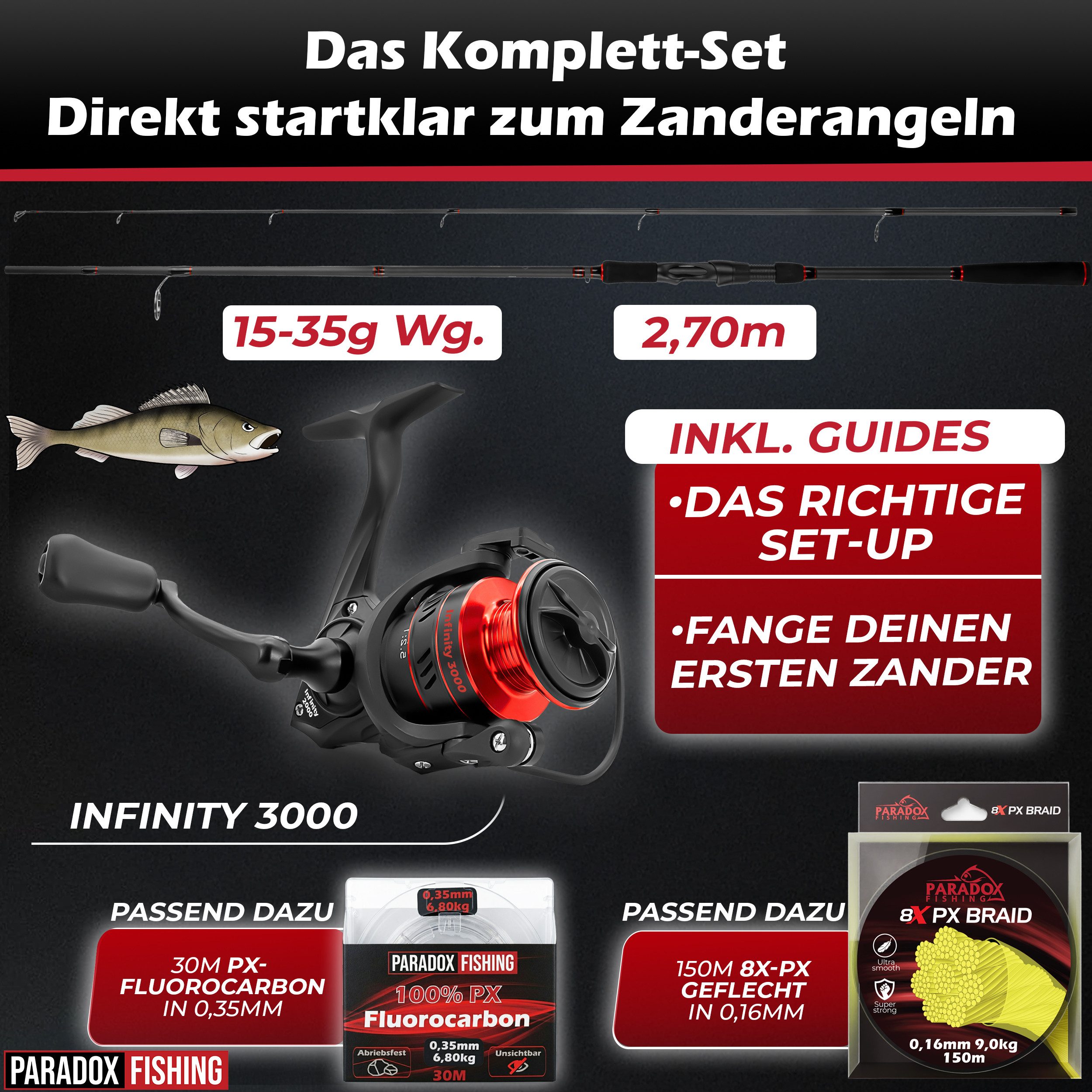 Paradox Fishing Spinnrute Zander Komplett Set Firetiger Spinnrute 15-35g + 3000 Infinity Rolle, (Rute + 3000 Rolle + Köderset), Komplett-Starterset