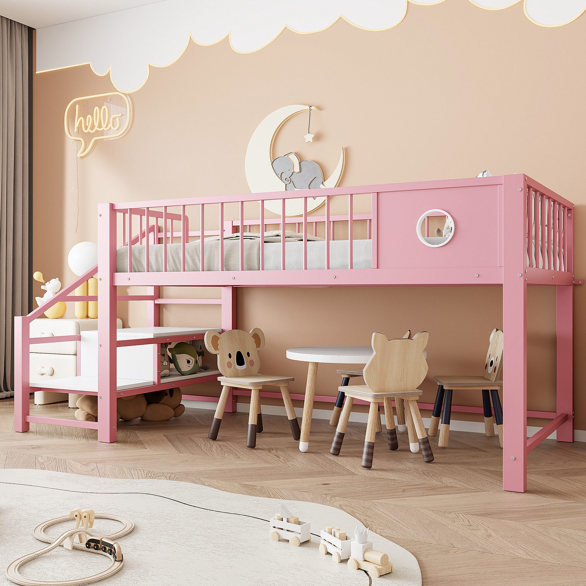 Flieks Kinderbett, Niedriges Hochbett Metallbett 90×200cm mit Aufbewahrungstreppe
