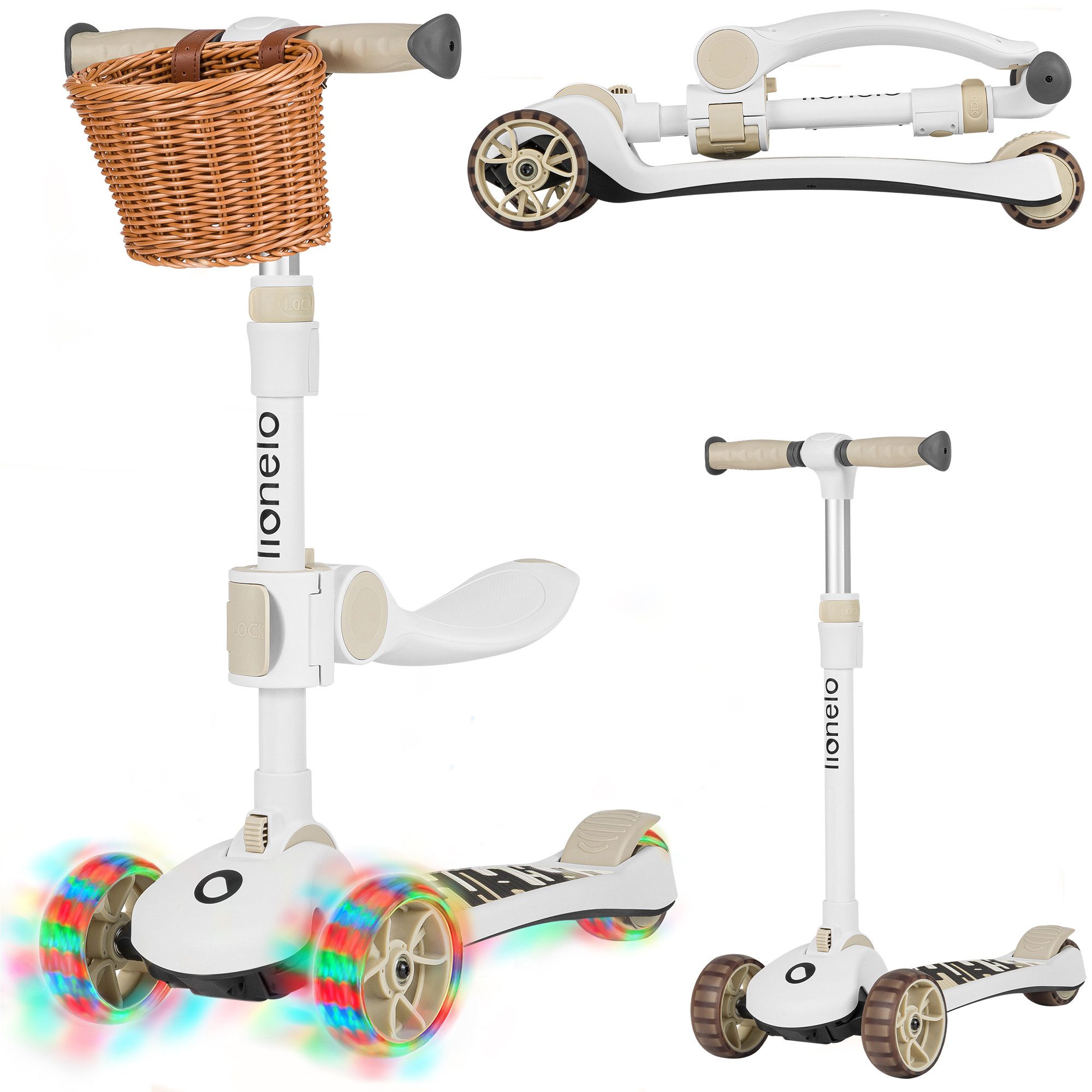 lionelo Dreiradscooter FRANKY, (Set, Balance Roller, Korb, Sitz), 2in1:Erstes Dreirad und Scooter/Leuchtende Räder/Ergonomisch