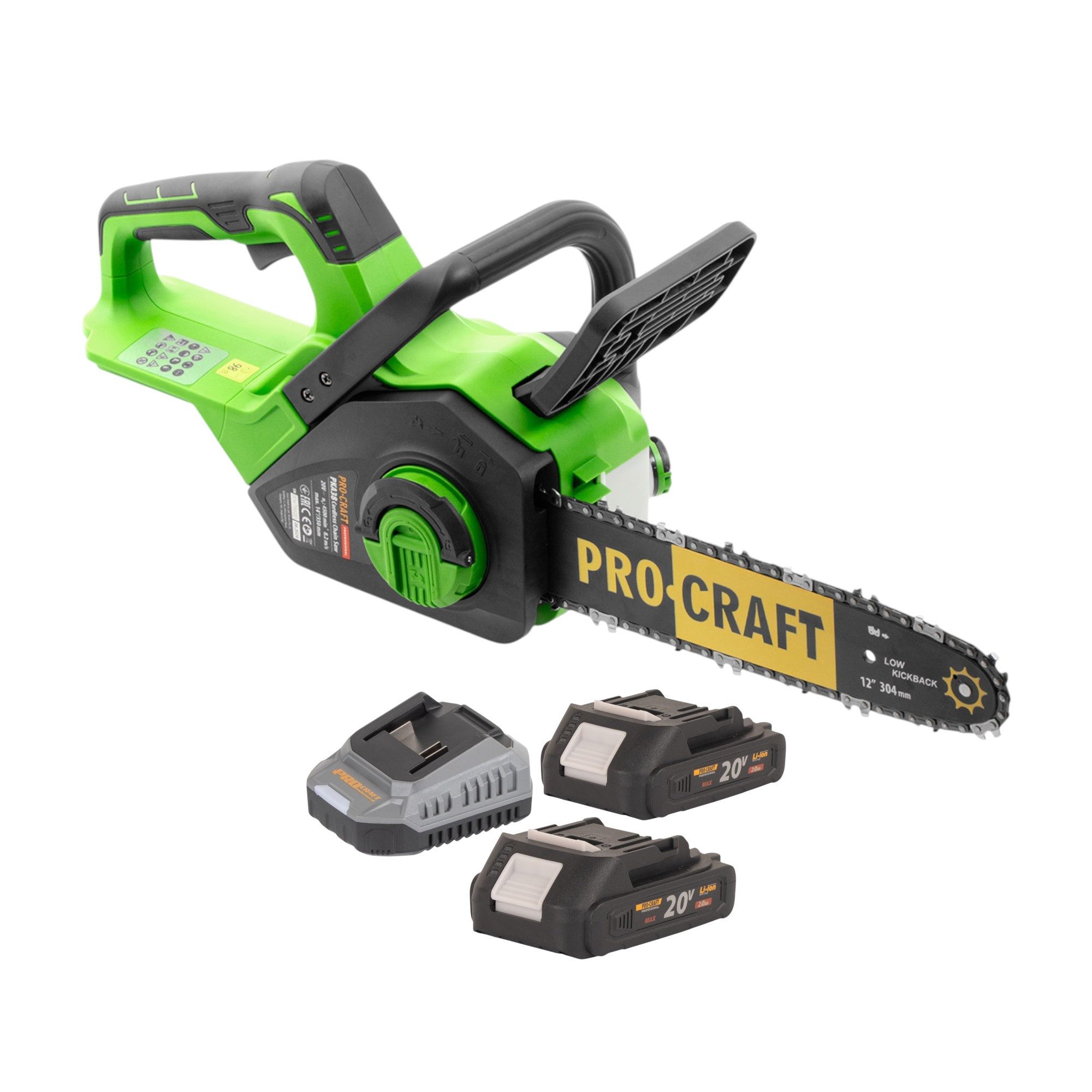 PRO CRAFT Akku-Kettensäge PKA38 20 V 304 mm Brushless + 2x Akku 2,0 Ah + Ladegerät