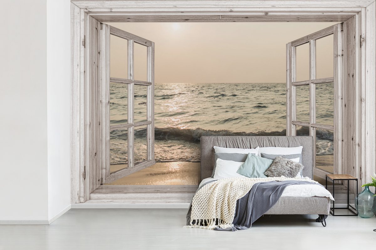 Tapete - Wohnzimmer, MuchoWow Vinyl bedruckt, Meer (6 Kinderzimmer, für Matt, Schlafzimmer, St), Aussicht Strand, Wallpaper - Fototapete