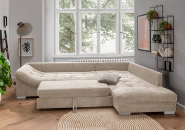 luma-home Ecksofa 17203, Bettfunktion, Wellenunterfederung, 298x202 cm, Ottomane rechts, Cord, Beige