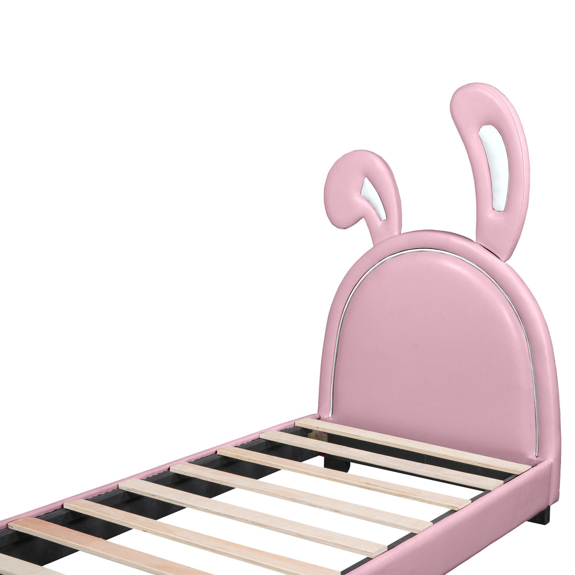 Polsterbett Einzelbett Merax Lattenrost, 90x200cm, Rosa aus | Kinderbett Kunstleder Hasenohr-Kopfteil Rosa und