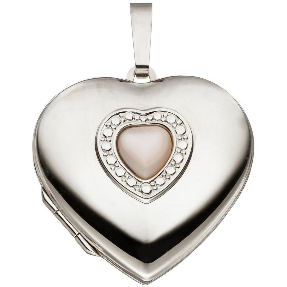 Schmuck Krone Kettenanhänger Anhänger zum Öffnen Medaillon Herz im Herz 925  Silber Perlmutt Einlage Amulett, Silber 925