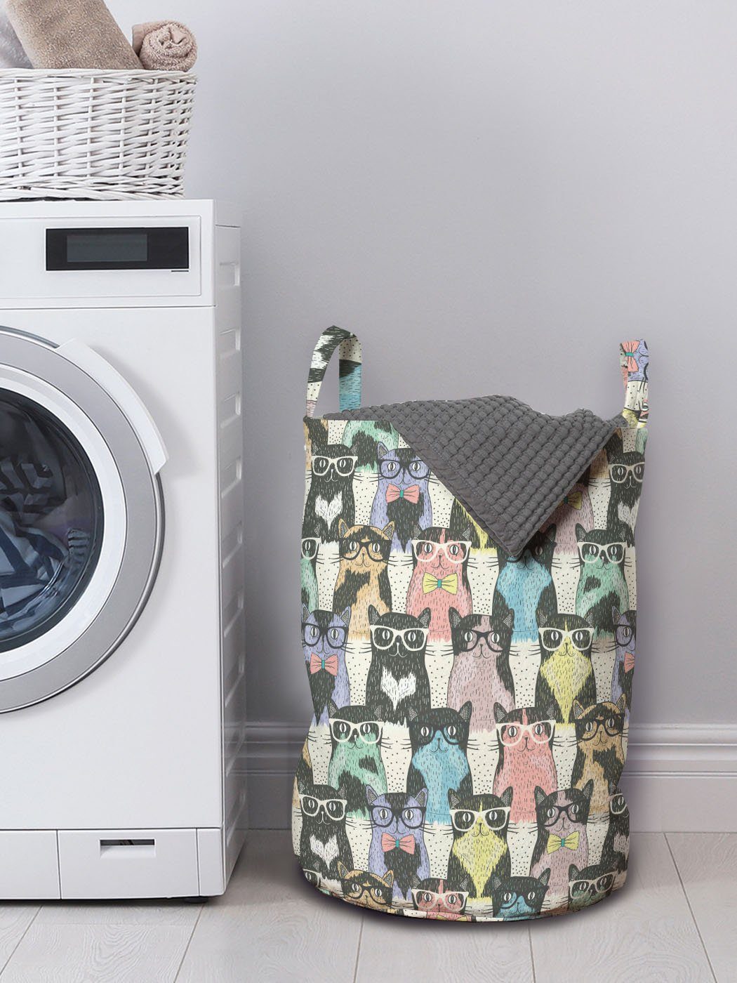 Abakuhaus Wäschesäckchen Wäschekorb mit Kordelzugverschluss mit Katze Waschsalons, Hipster-Katzen für Brille Griffen