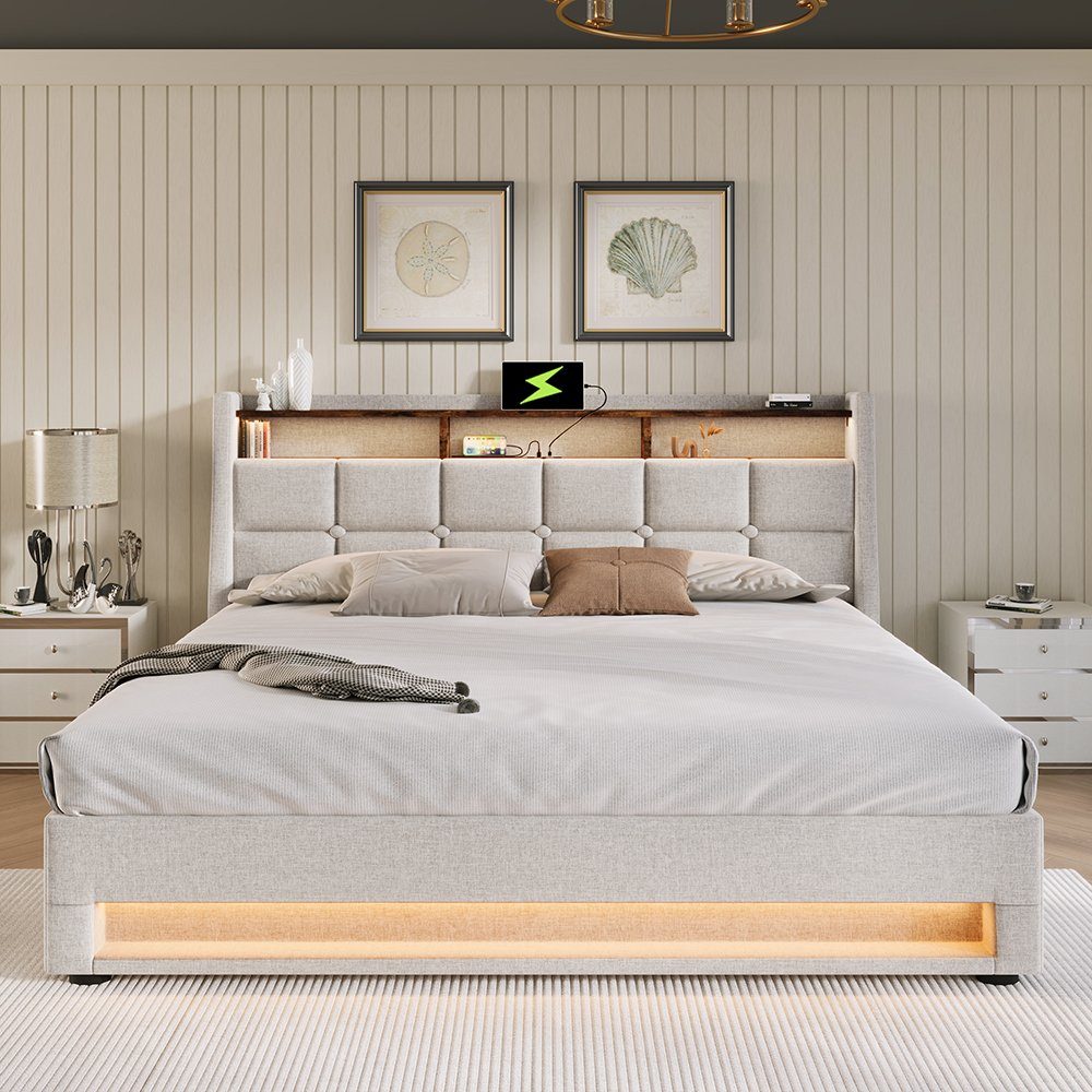 Polsterbett (Funktionsbett, 140x200 cm Hydraulisches Bett mit Lattenrost), Stauraumbett mit LED-Beleuchtung und USB-Anschluss, Baumwolle-Leinen