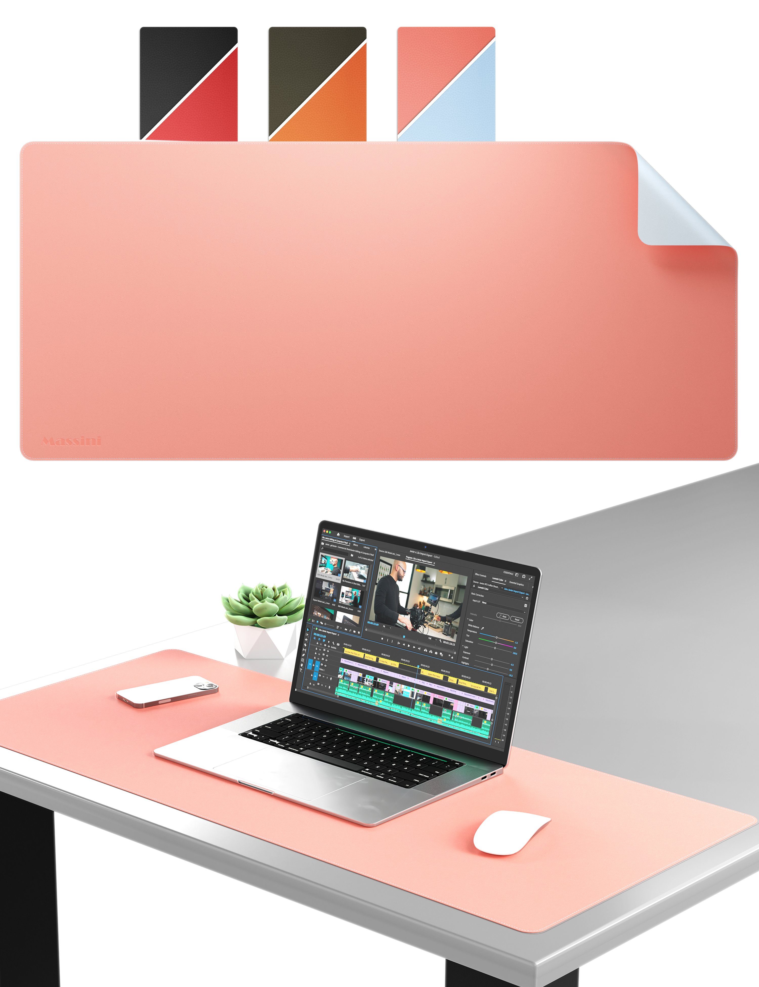 Massini Schreibtischunterlage Edles Mauspad Lederoptik Design XXL vernähte Kanten, doppelseitig