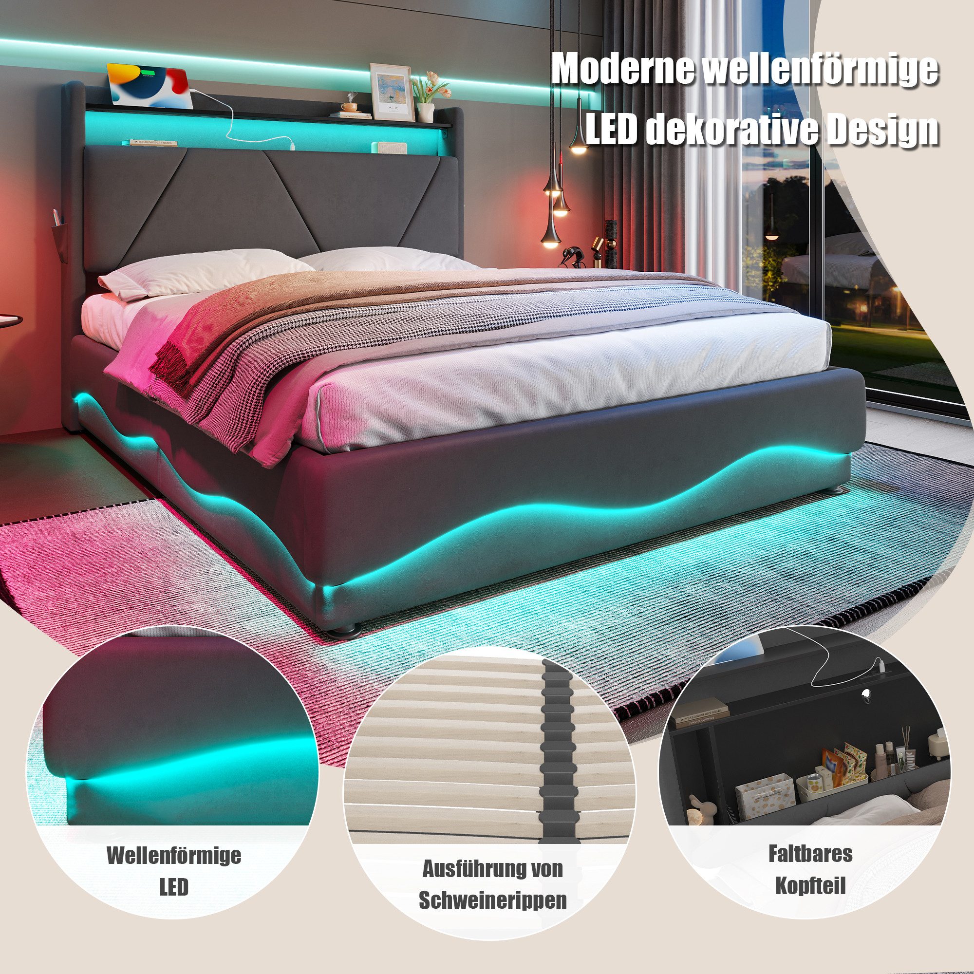 KLAM HOME Polsterbett 140x200 & 160x200 cm mit Lattenrost, USB Type-C Ladefunktion Stauraum mit klappfunktion, Stauraum-Kopfteil – Bild 4 von 5